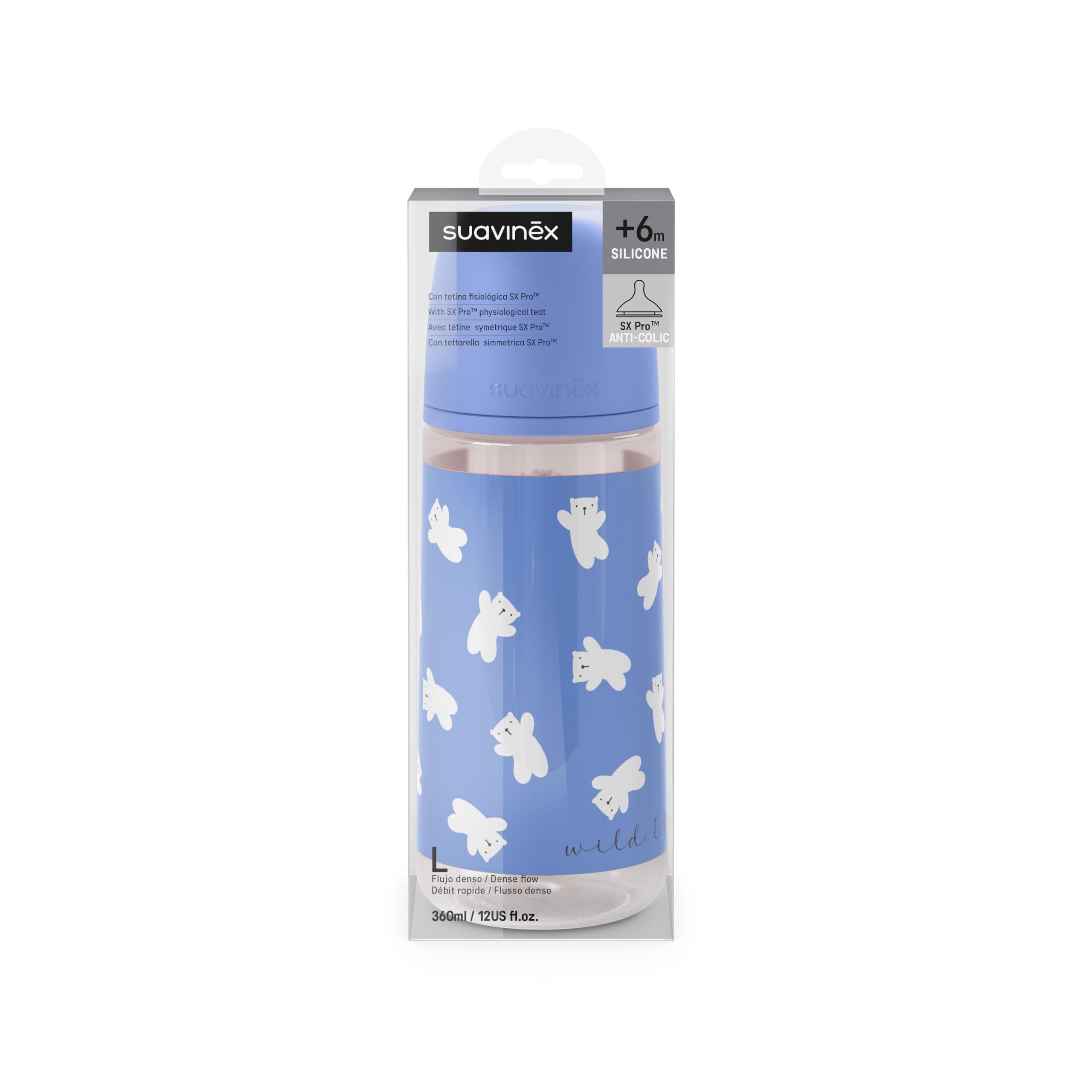 Suavinex, Biberon da 360 ml con tettarella fisiologica SX Pro in silicone con valvola anticoliche, a flusso denso (L), per liquidi densi, adatto per pappe liquide. Neonati +6 Mesi. Wild&Free, Blu