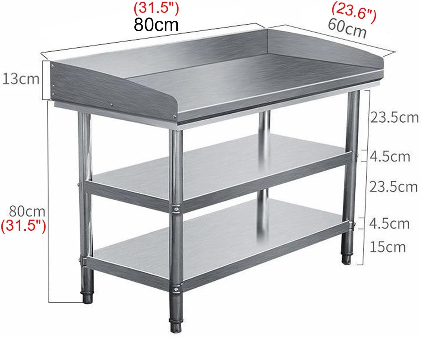 Kitchen Double Stainless Steel Workbench with Bezel and Pasta Countertop Chopping Table Three Side Surround Curved Design Non-fall Preparation Table(80x60x80cm)