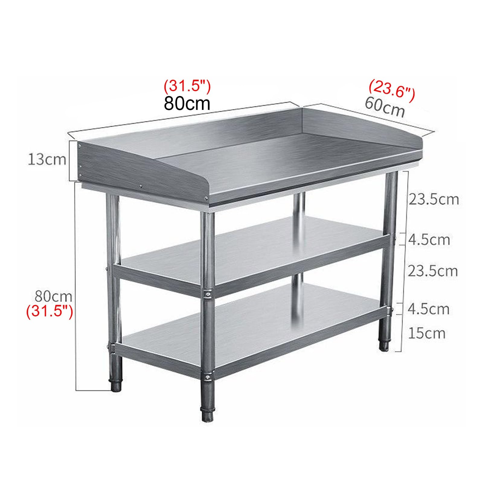 Banco da Lavoro Doppio in Acciaio Inox da Cucina con Lunetta e Piano di Lavoro per Pasta, Tavolo da Taglio con Tre Lati, Design Curvo e Tavolo di Preparazione anticaduta (80x60x80 cm)