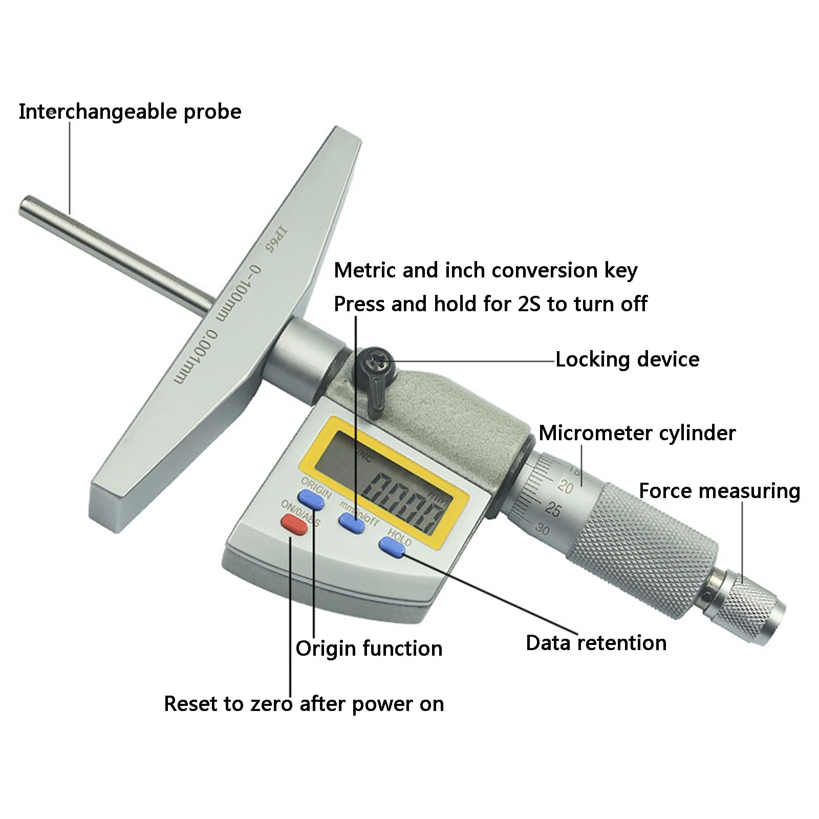 Micrómetro de profundidad digital, calibrador Vernier de profundidad digital de acero inoxidable de alta precisión, con sondas de 4 piezas (0-25/25-50/50-75/75-100 mm), empaquetado en caja de almacena