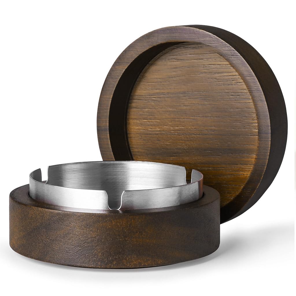 HASTHIP® Walnut Wood Ashtray with Removable Stainless Steel Inner Liner & Lid, Covered Smoke-Containing Design with Cigarette Slots Rustic Premium Smoking Accessory for Indoor & Outdoor Use-image-45