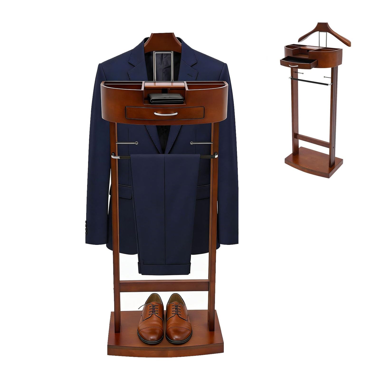 Slish Herrendiener aus Holz für Damen und Herren – Freending Suit Nizer mit Der, Tablett & Hosenstange – Ele Clothes Valet Stuhl für Schlafzimmer, Wohnzimmer & Büro (Braun)