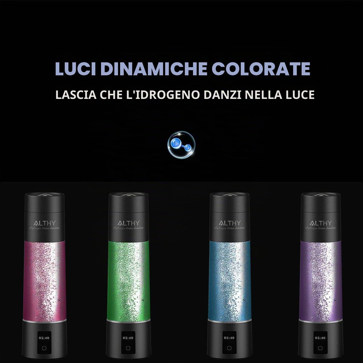 ALTHY Performance Borraccia Acqua Idrogenata | Nano H2 Molecolare con SPE/PEM | Analisi H2 certificata IHSA | Display batteria e ora | 10oz