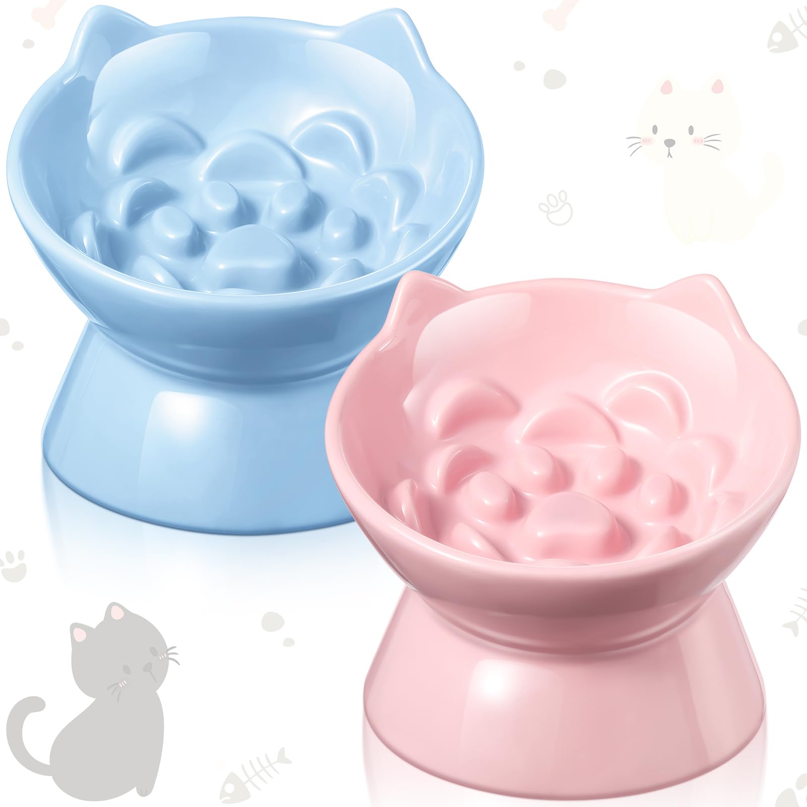 Funnymoom 2 Pcs Ceramic Elevated Slow Feeder Cat Bowl Cute Tilted Anti Vomiting Raised Cat Bowl for Dry Wet Food and Water Easy to Clean High Edge Pet