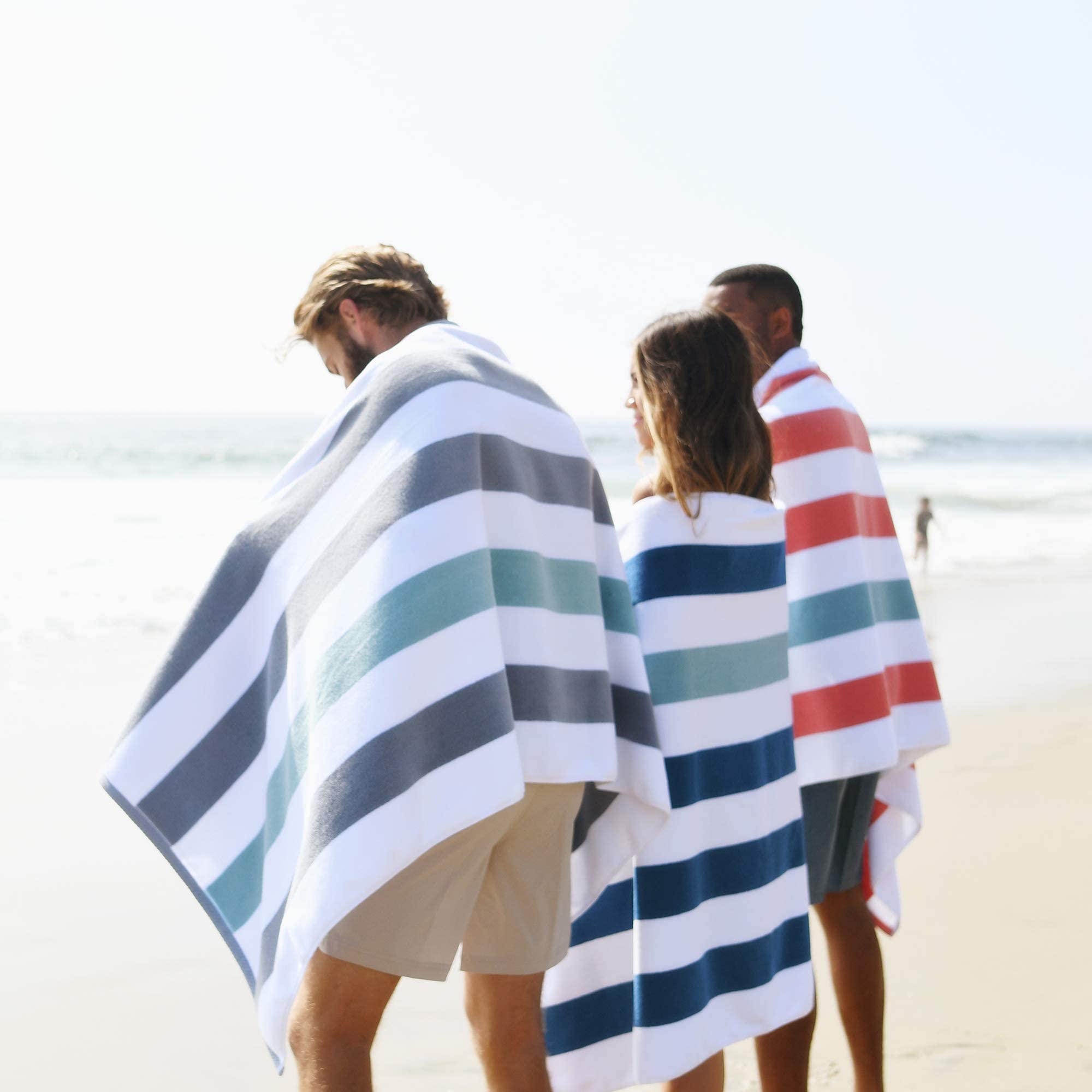 Laguna Beach Textile Co. - Toalla de Playa a Rayas Cabana, de Gran tamaño, Felpa de algodón de 630 g/m², Gris Piedra y Verde Cristal Marino