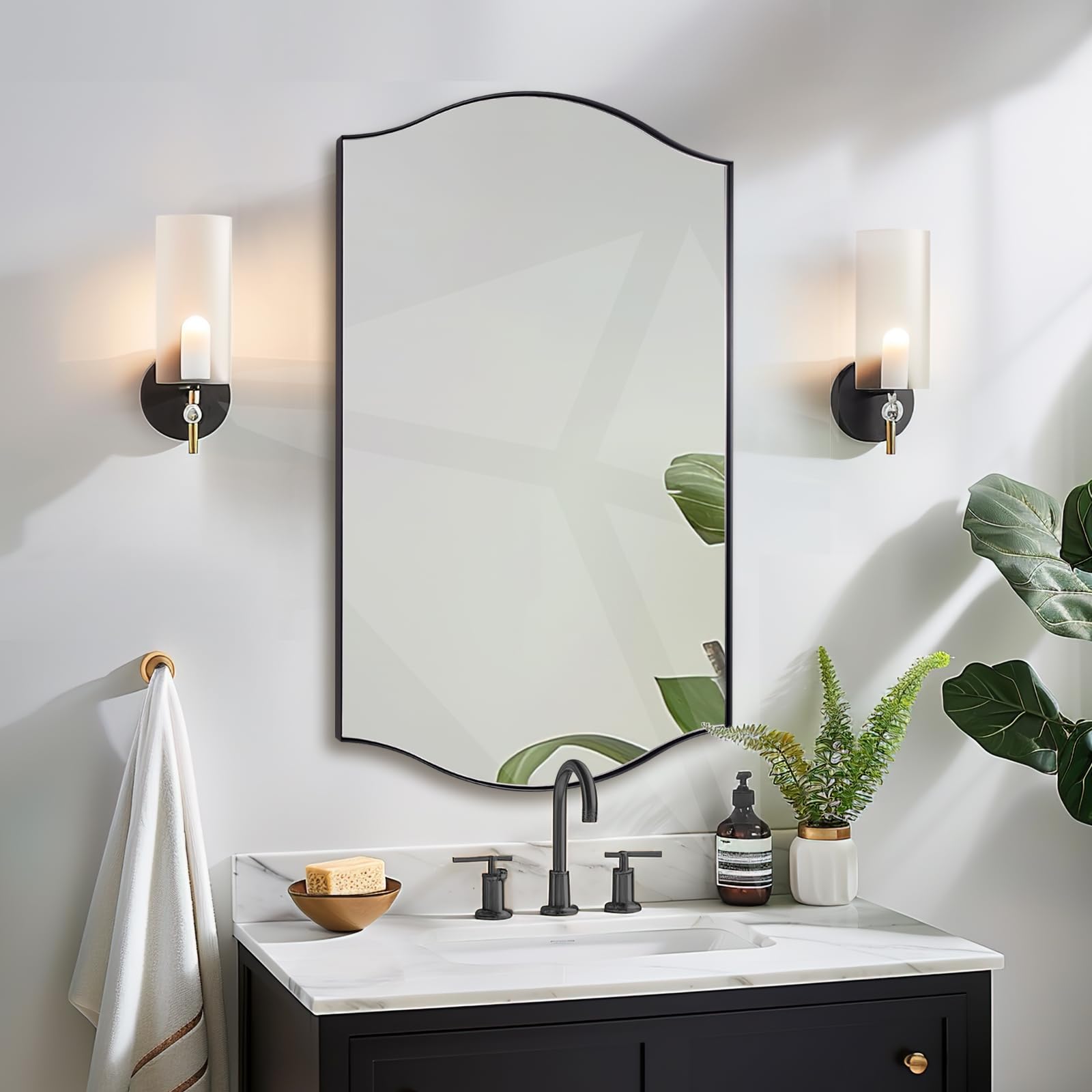 ANDY STAR Rectangle Scalloped Mirror, 24"x40" Matte Black Bathroom Mirror in SUS304 Stainless Steel Metal Frame, Irregular Vanity Mirror with Unique Arched Top Design