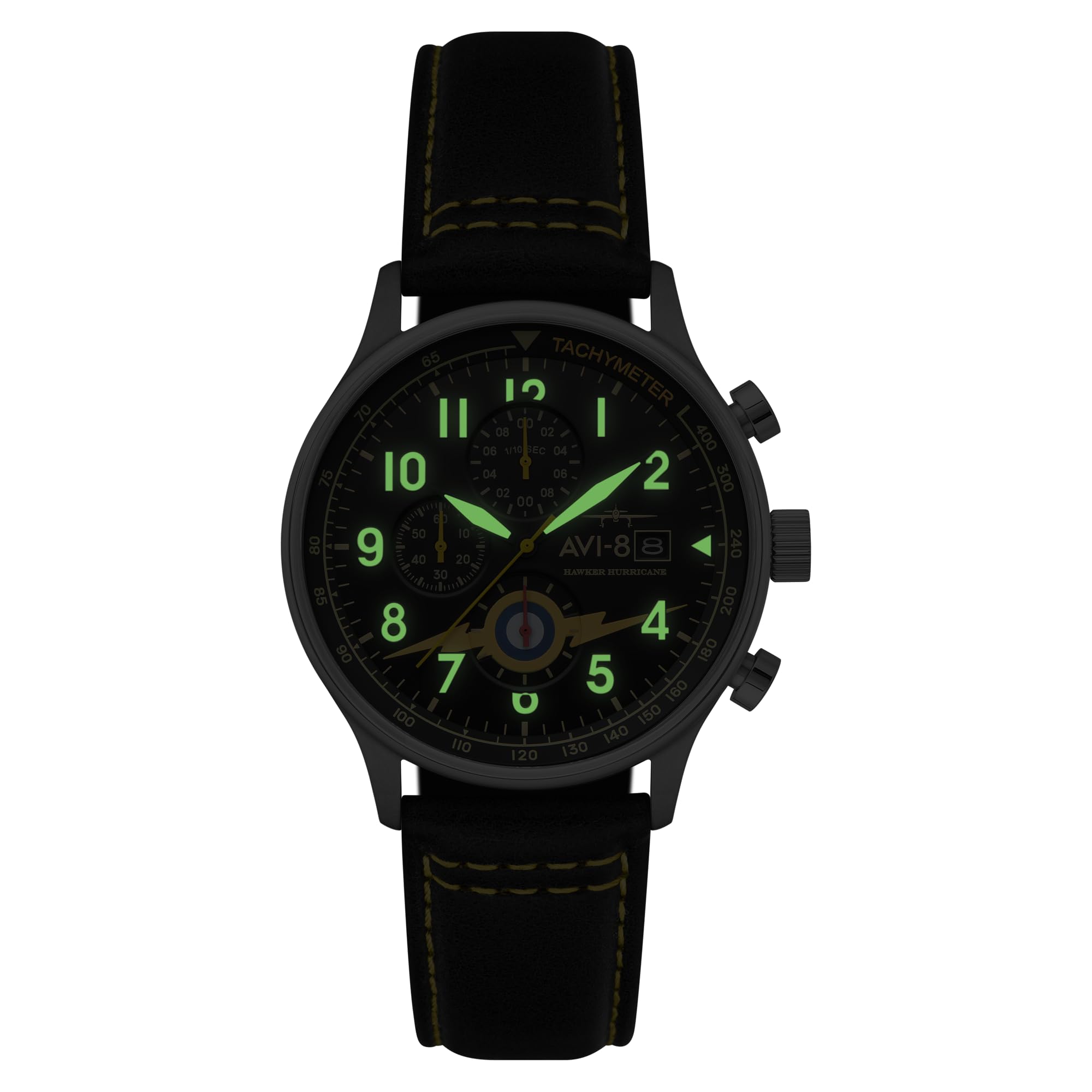 AVI-8 Hawker Hurricane AV-4011 - Reloj para hombre, caja de acero inoxidable de 42 mm, movimiento de cuarzo japonés, correa de piel auténtica, relojes para hombre, cronógrafo clásico, Naranja rayo