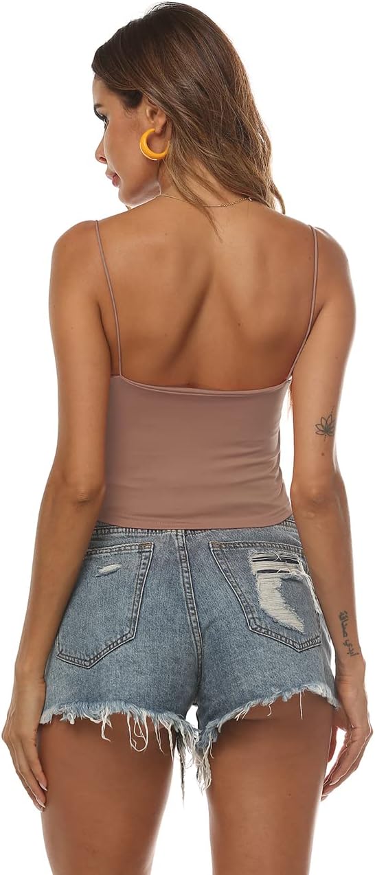 Amilia Women's Basic Solid Cami Spaghetti Double Layer Crop Tank Top - Image 4