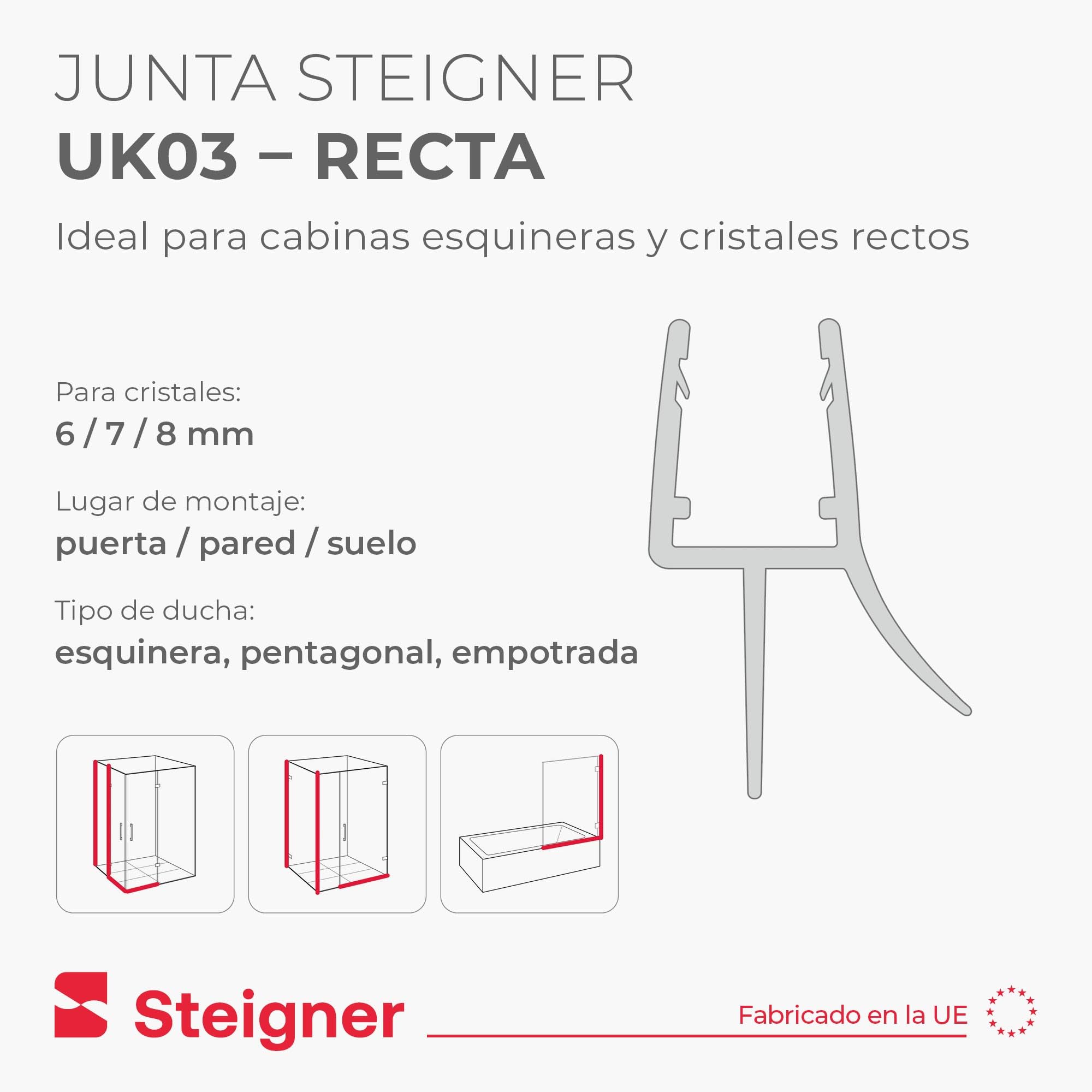 STEIGNER Junta mampara ducha UK03 80 cm (1 ud.) transparente - Junta vertical para ducha angular o pentagonal con puerta 6-8 mm - Protección contra fugas, Ajuste perfecto, Fácil instalación
