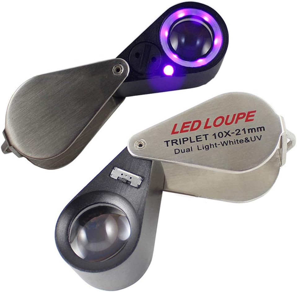 10X Mini Folding Magnifier Portable Jewelry Magnifying Glass with 6 LED Lights and 6 UV Lamps Jewelers Eye Loupe for Gems Jeweler Rocks Stamps Coins Watches Hobbies Antiques (10X-21mm) : Arts, Crafts & Sewing