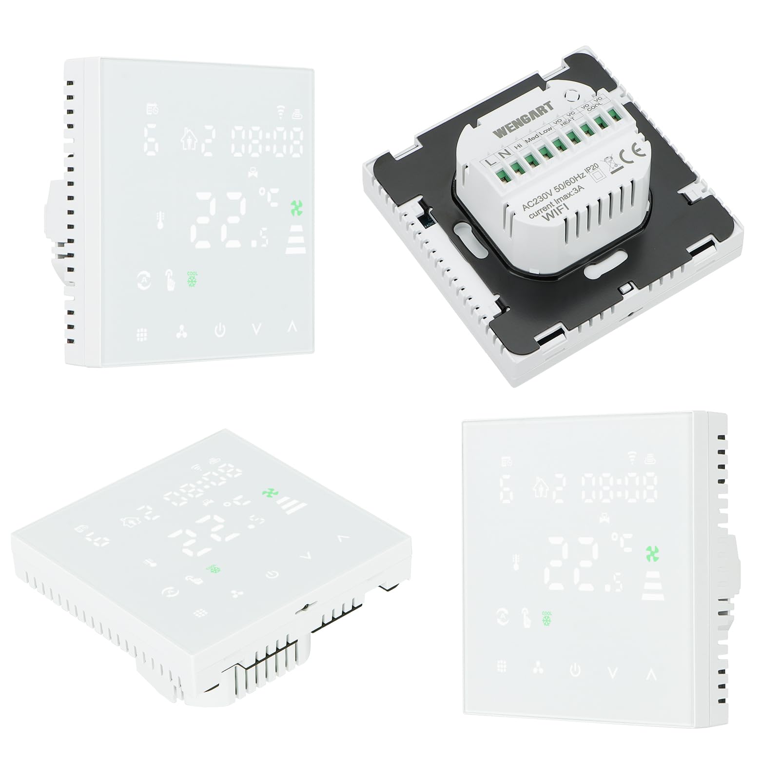 Wengart Termostato Fan Coil WiFi WG607AC, AC230V Max3A 2.4GHz Wi-Fi APP TUYA Quattro Tubi per Aria Condizionata, Compatibile con Alexa Echo/Google Home, Bianco