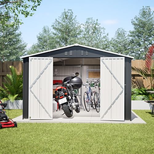 Image of YOPTO 10x12 FT Outdoor Storage Shed,Metal Shed W /Updated Frame Structure,Garden Shed W /Lockable Door,2 Air Vents & Sloped Roof,for Backyard,Patio,Lawn,Black