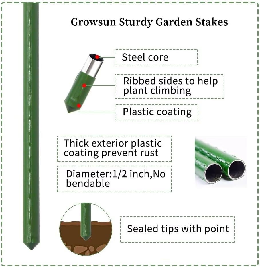 Growsun 5ft Garden Stakes Plant Cage Supports Tomato Trellis Climbing Metal w/Plastic Coated, Pack of 50