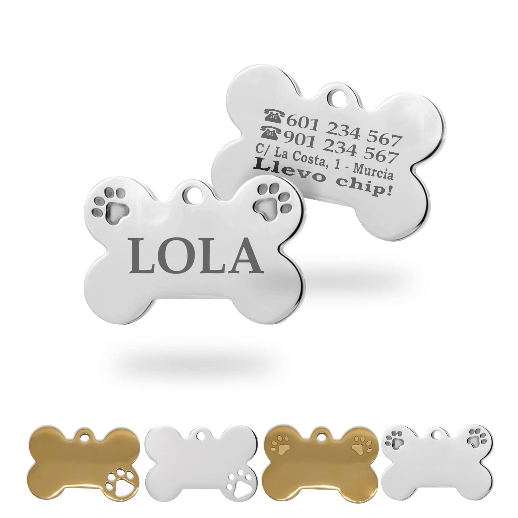 Ibera gifts - Chapa Identificación Personalizada para Perros y Gatos Medianos a Grandes en Forma de Hueso con Huella Placa Mascota Grabada Nombre Collar Colgante Medalla (Gr. 2 Huellas)