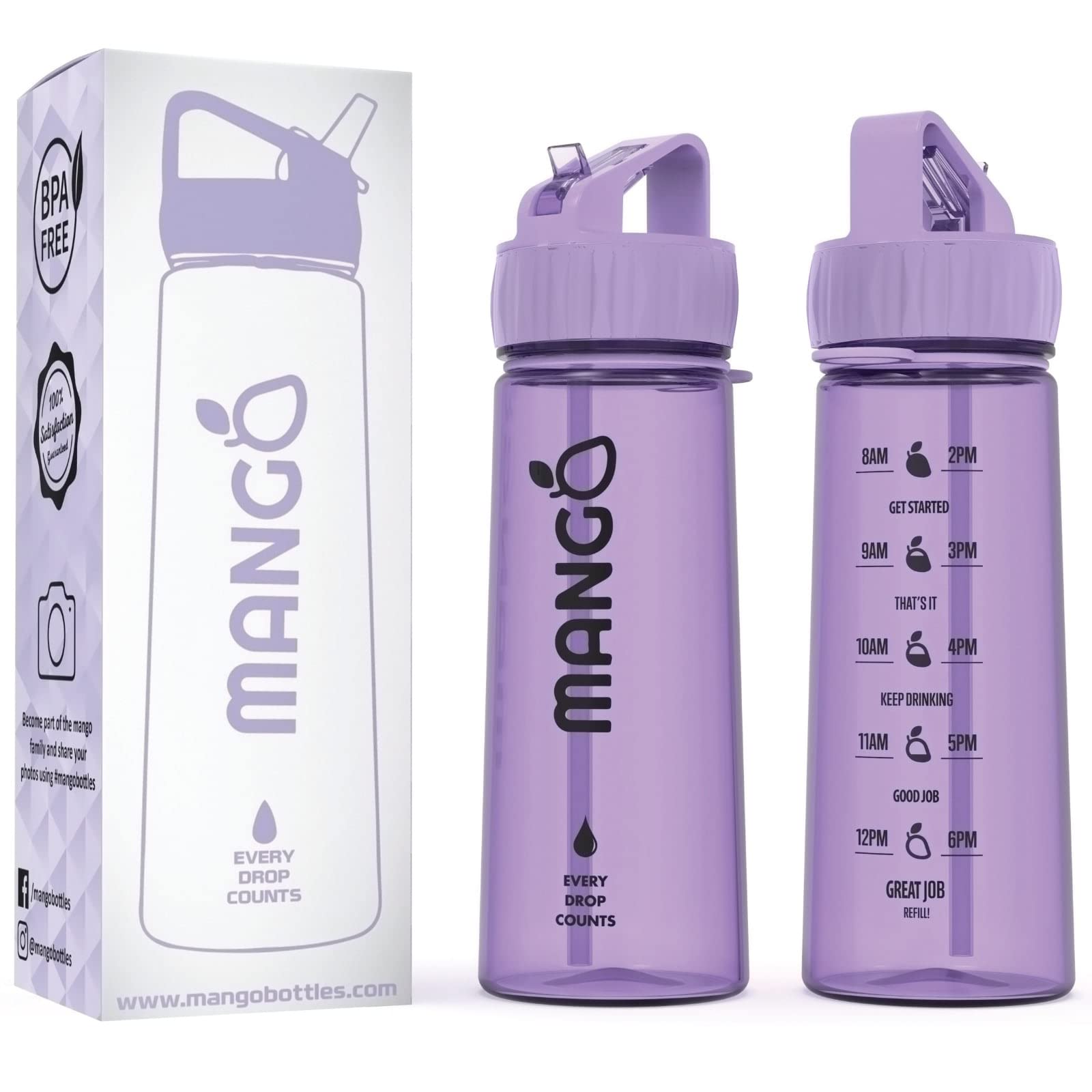 MANGO 600ml Water Bottle With Straw - Motivational Time Markings - BPA Free Sports Kids water Bottles With Flip Nozzle And Leakproof Cap - Perfect for Kids and Sports