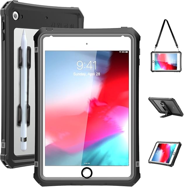 ShellBox Case iPad Mini 4/5 Waterproof Case, Protective Full Body Shockproof Dustproof Cover Case with Adjustable Tablet Stand Built-in Screen Protector for iPad Mini 5/iPad Mini 4 Case(Black)