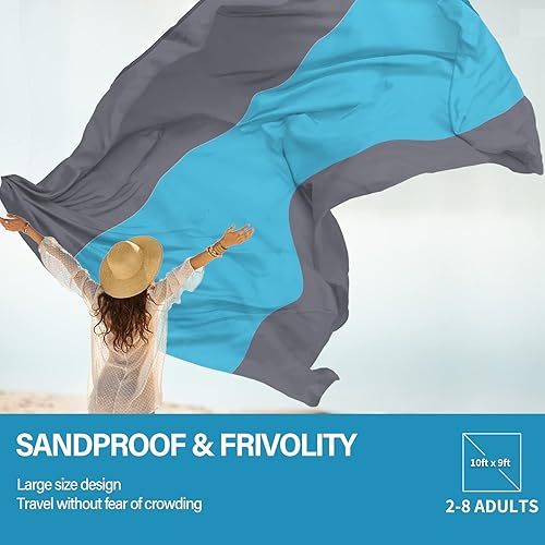 Miniatura 5 de Manta de playa extra grande de 10 x 9 pies, manta de playa impermeable a prueba de arena, para 2 a 8 adultos, ligera y duradera para viajes,