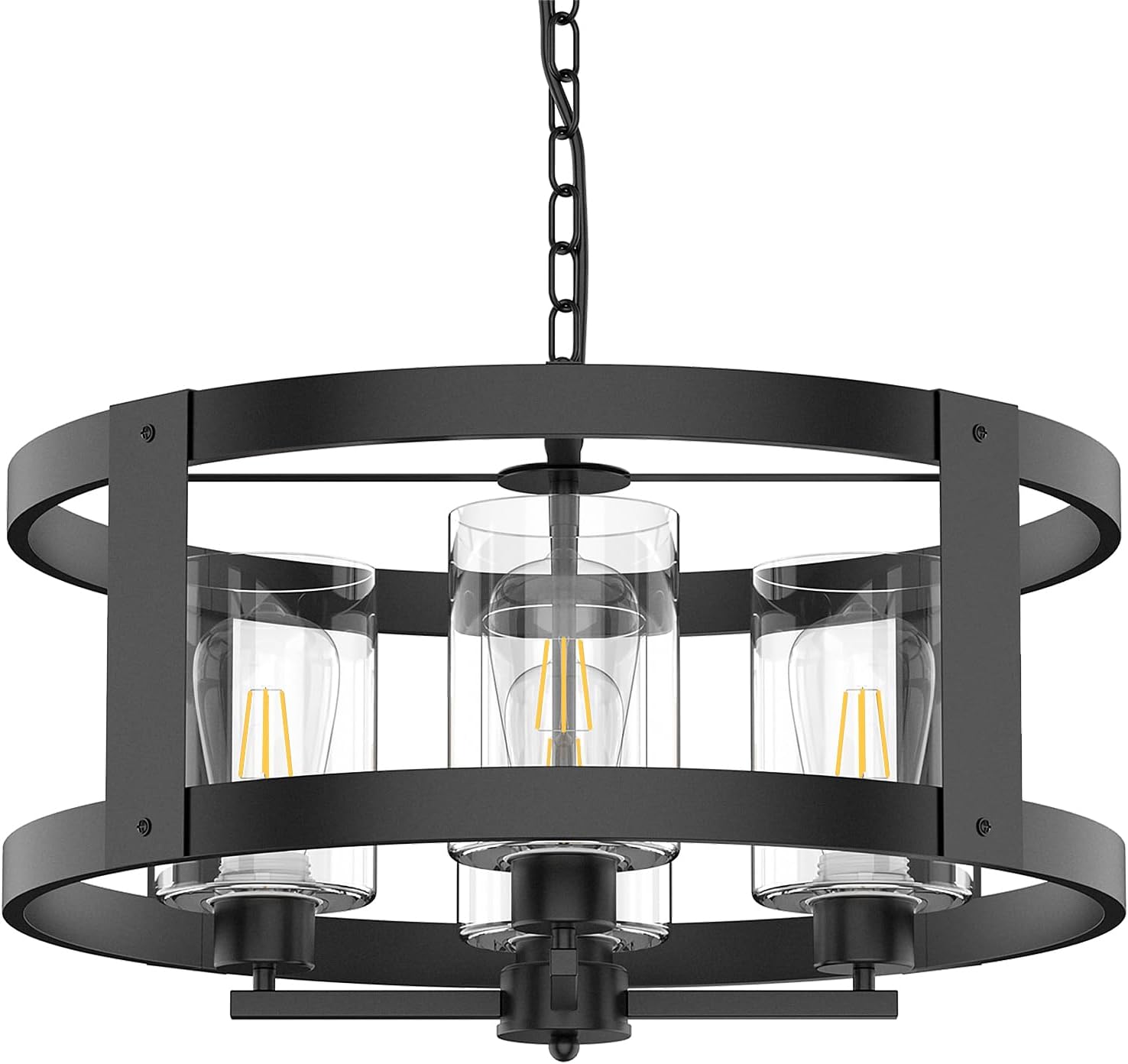 4-Light Farmhouse Chandelier, 20" Black Light Fixture with Glass Shade Modern Drum Lighting Fixtures Ceiling Pendant Lamp for Dining Room Kitchen Island Entrance Foyer Living Room Bedroom