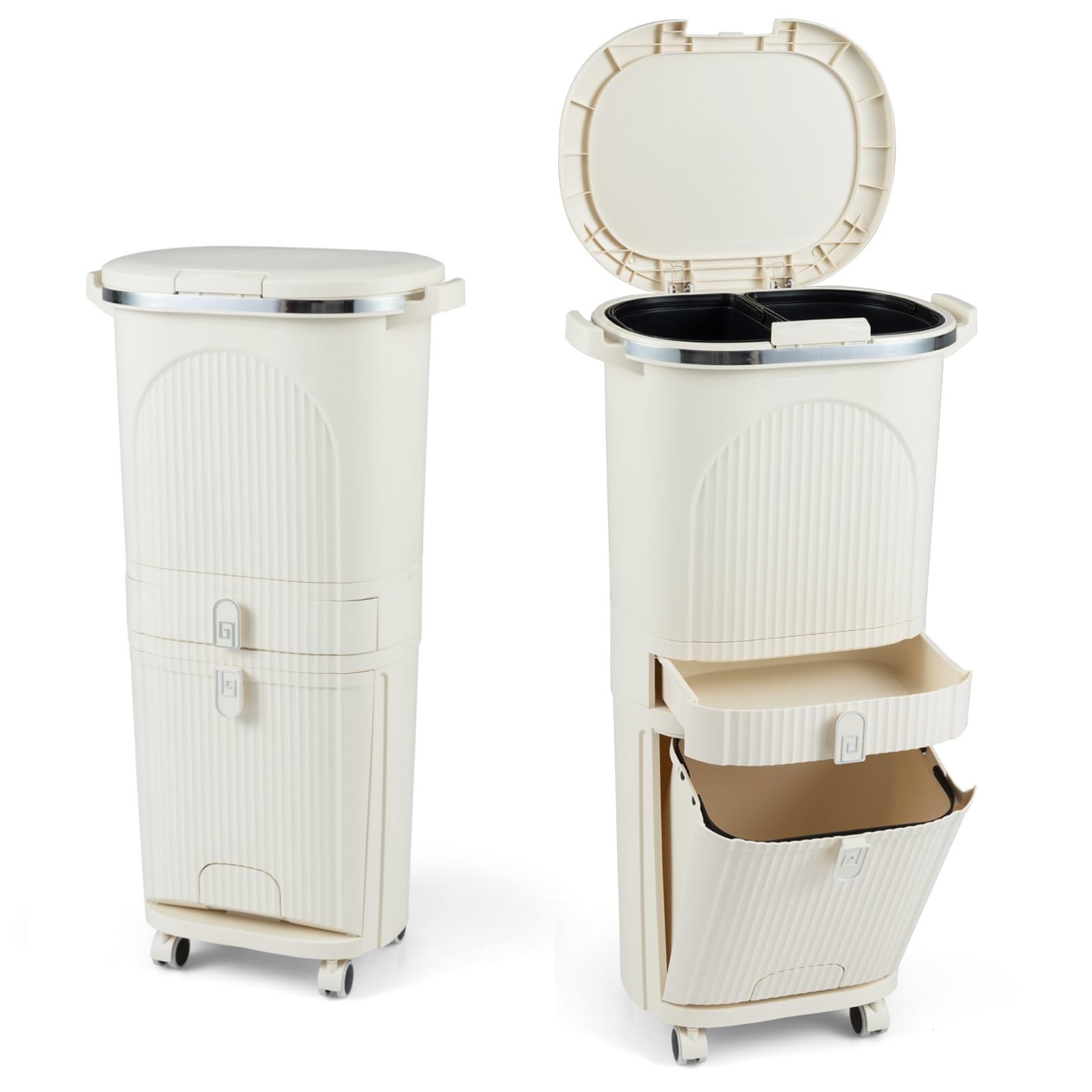 LIFEZEAL Cubo de basura con ruedas 42L y 3 compartimentos (42L) | Papelera de cocina con pedal, tapa y asa para cocina, salón y oficina