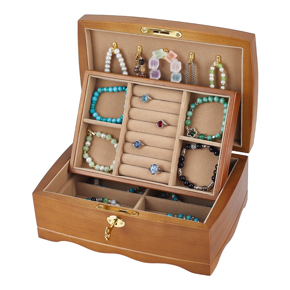 MAYJOYDIY Joyero de madera con candado retro con 2 niveles con 2 llaves 25 x 17,5 x 10 cm, joyero con inserto extraíble para tocador, almacenamiento de joyas
