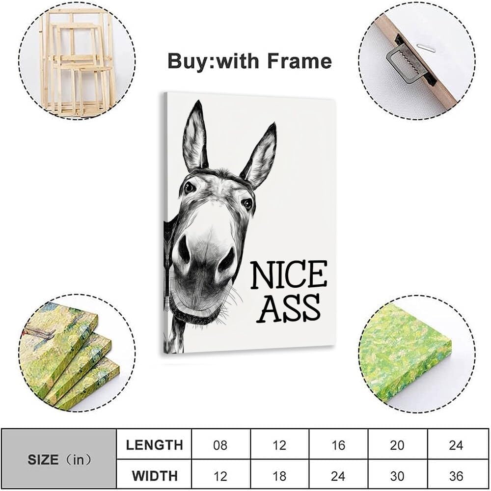 Black and White Bathroom Wall Art Decor Nice Ass,Donkey in Bathroom Canvas Posters,Interest Animals Wall Decor Vintage Farmhouse Home Humor Print Paint 16x24inch Framed