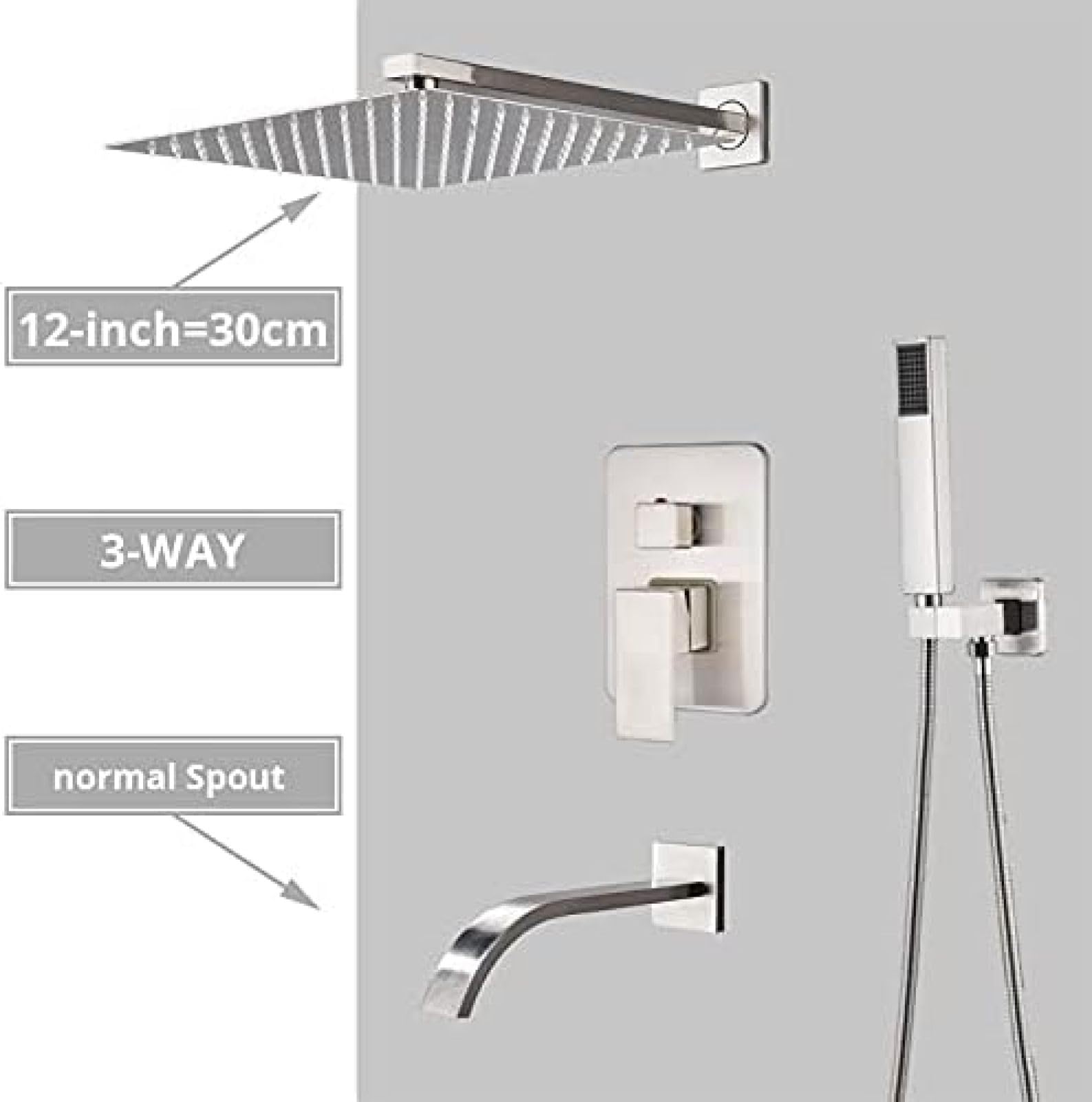 System Natryskowy Rain Shower Ścienny Z Niklowanym Wykończeniem, Bateria Wannowa 3-funkcyjnym Zestawem Natryskowym (konfiguracje 10"/16")(12 inch 3)