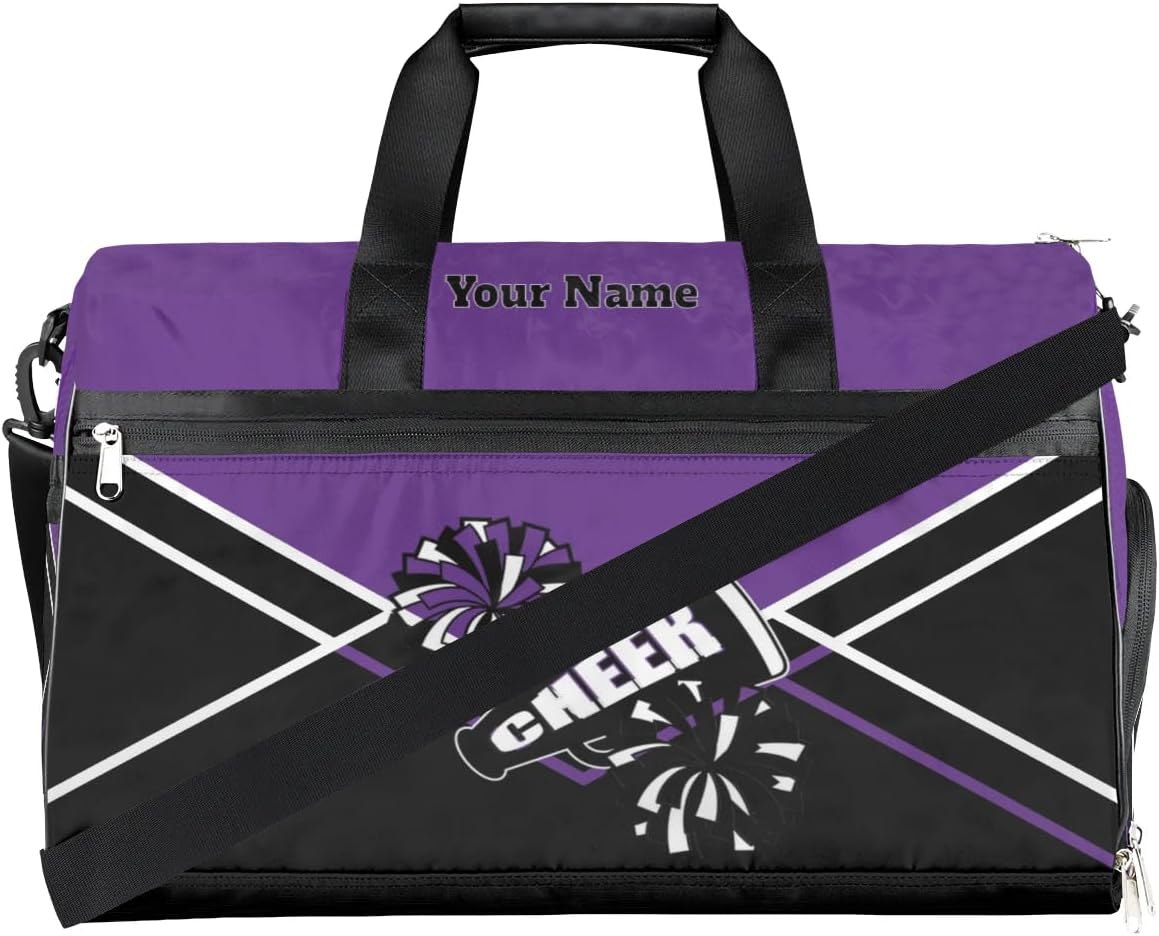 Personalized Cheer Duffel Bag Cheerleader Weekender Overnight Bag Custom Name Team Gift Lightweight Gymnastics Dance Bag Waterproof Sport Gym Travel Collapsible Carry on Tote Bag Black Purple White