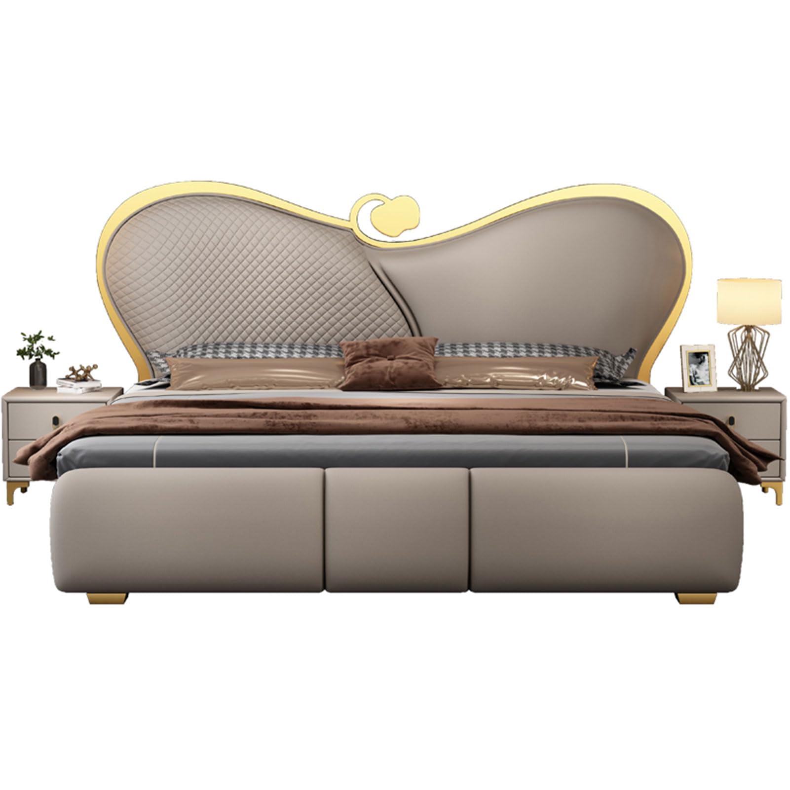 Modern King Size Genuine Leather Wood Bed Upholstered Platform Bed Frame with Headboard and Lift Up Storage Wooden
