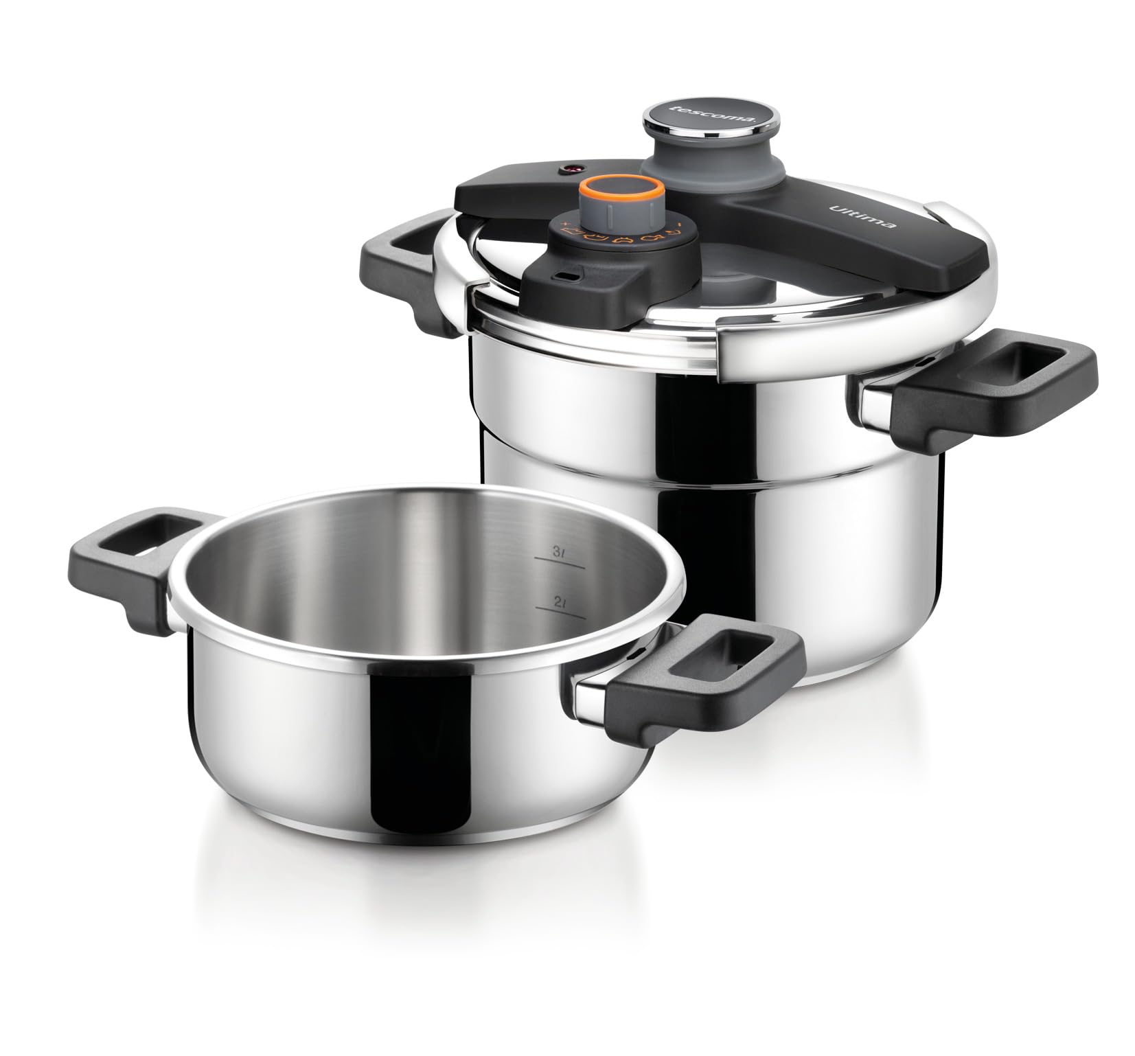 Tescoma ULTIMA DUO Schnellkochtopf 2 Stück 4 und 6 Liter, Einhandbedienung mit intuitiver Druckeinstellung und Druckanzeige, 4-fache Sicherheit, Induktion geeignet, inklusive Dampfsieb