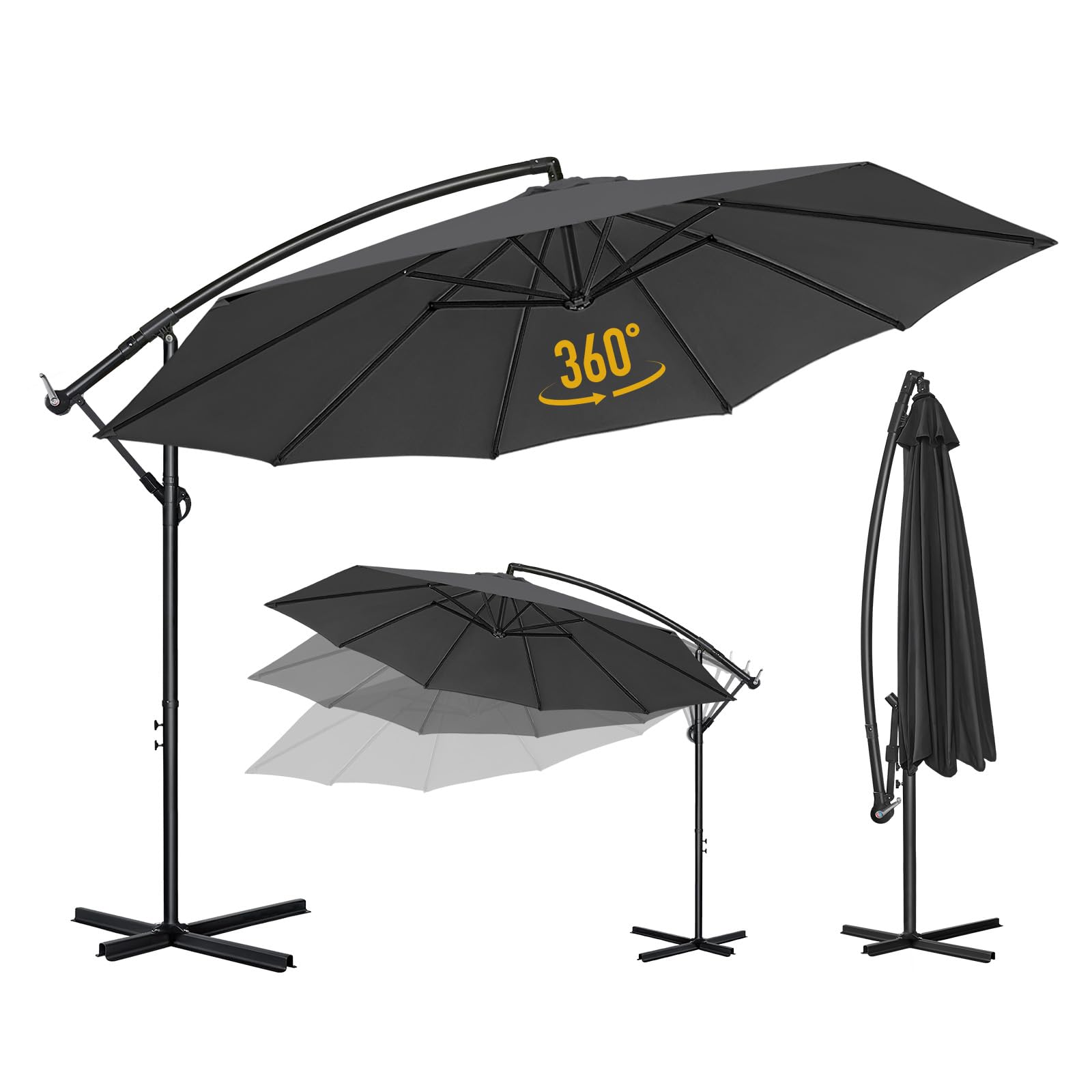 Parasol déporté 300/350cm – Manivelle orientable 360°, UV40+ & imperméable pour jardin/terrasse. Version LED optionnelle, base croix stable, résistant aux intempéries.