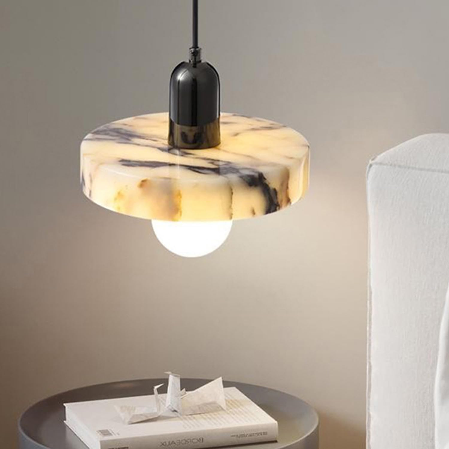 Lampade a sospensione in marmo naturale for camera da letto Minimalismo italiano 9,8 pollici Lampada a Base con venature Lampadario Paralume circolare in pietra