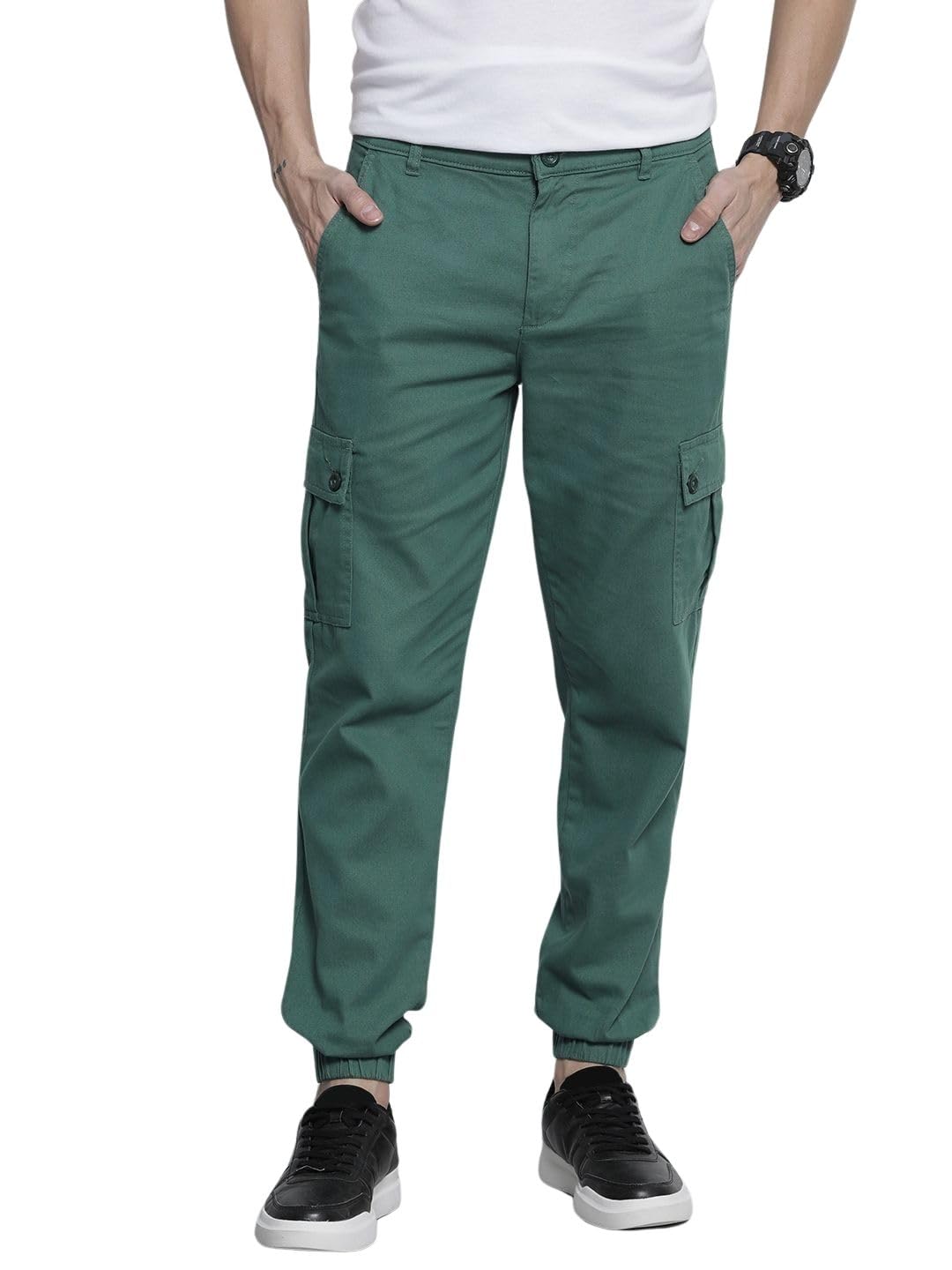 the indian garage co Men's Slim Fit Mid Rise Solid Mid-Rise Stretchable Cuffed Cargos-picture-49