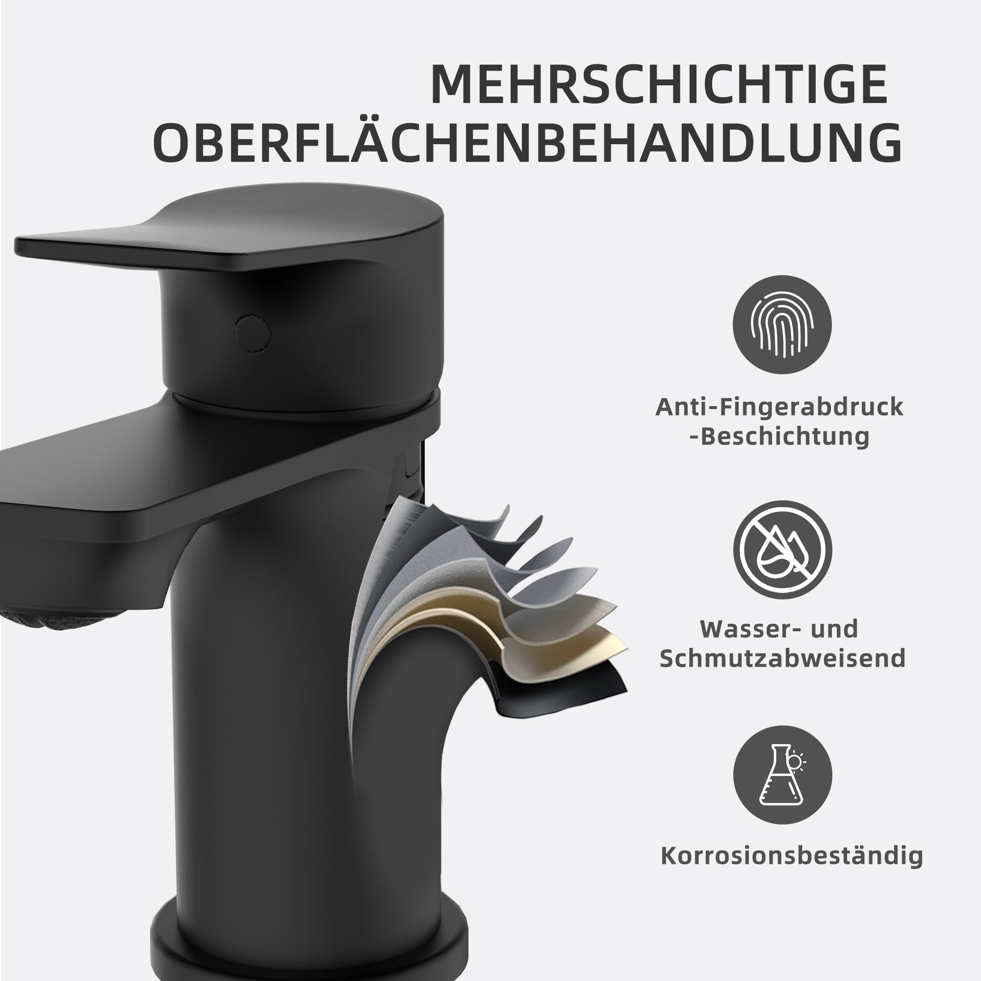 BELZ Schwarz Wasserhahn Bad,Einhebel Waschtischarmatur 86mm | Einfache G3/8 Einlochmontage,Inklusive flexibler Schläuche.Leise,Messing,Rostfrei, pflegeleicht & dicht
