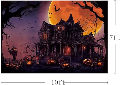 Miniatura 7 de MEHOFOND Telón de fondo temático de Halloween de 8 x 6 pies, horrible luna llena, fondo de fotografía de noche de castillo morado, calabaza, madera,