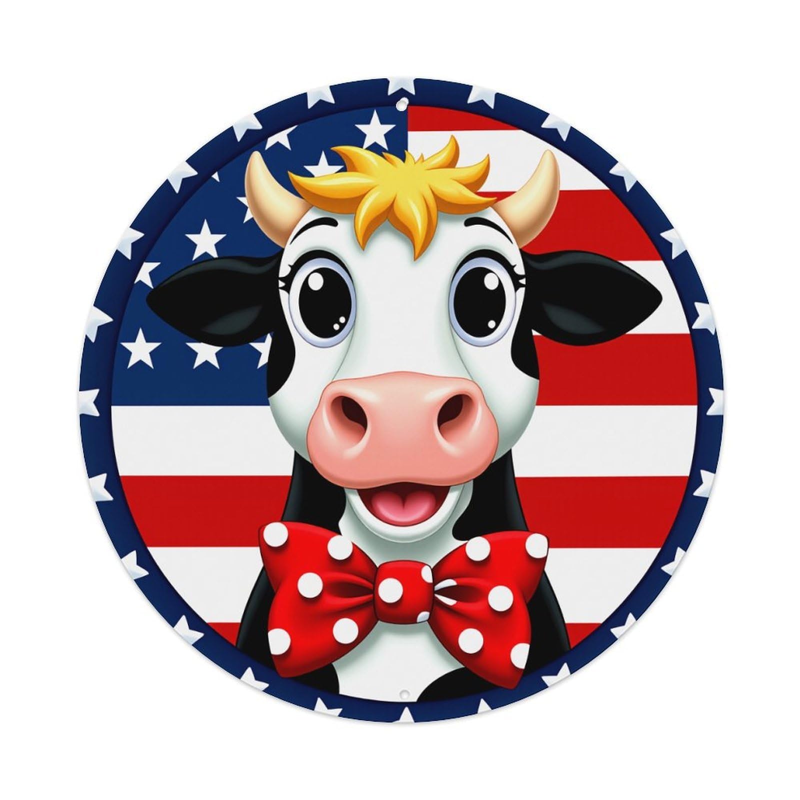 American Flag Cow Bowtie Round Tin Sign Vintage Metal Poster, Home Bar Garage Man Cave Cafe Indoor & Outdoor Wall Decoration 8x8Inches