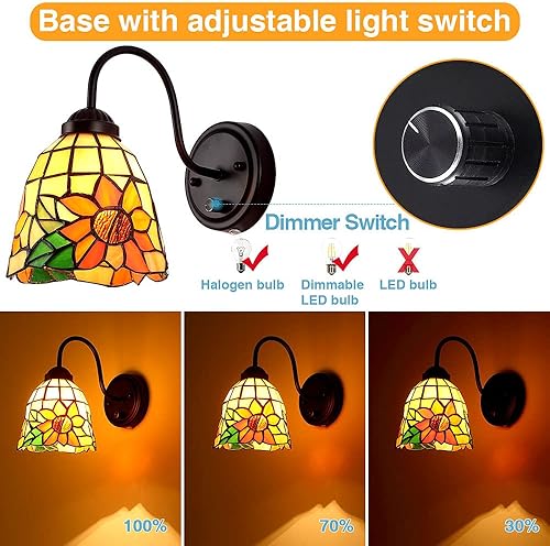 Miniatura 3 de Tiffany - Lámpara de pared para mesita de noche con interruptor regulable, aplique de pared de cuello de cisne vintage industrial con cable de