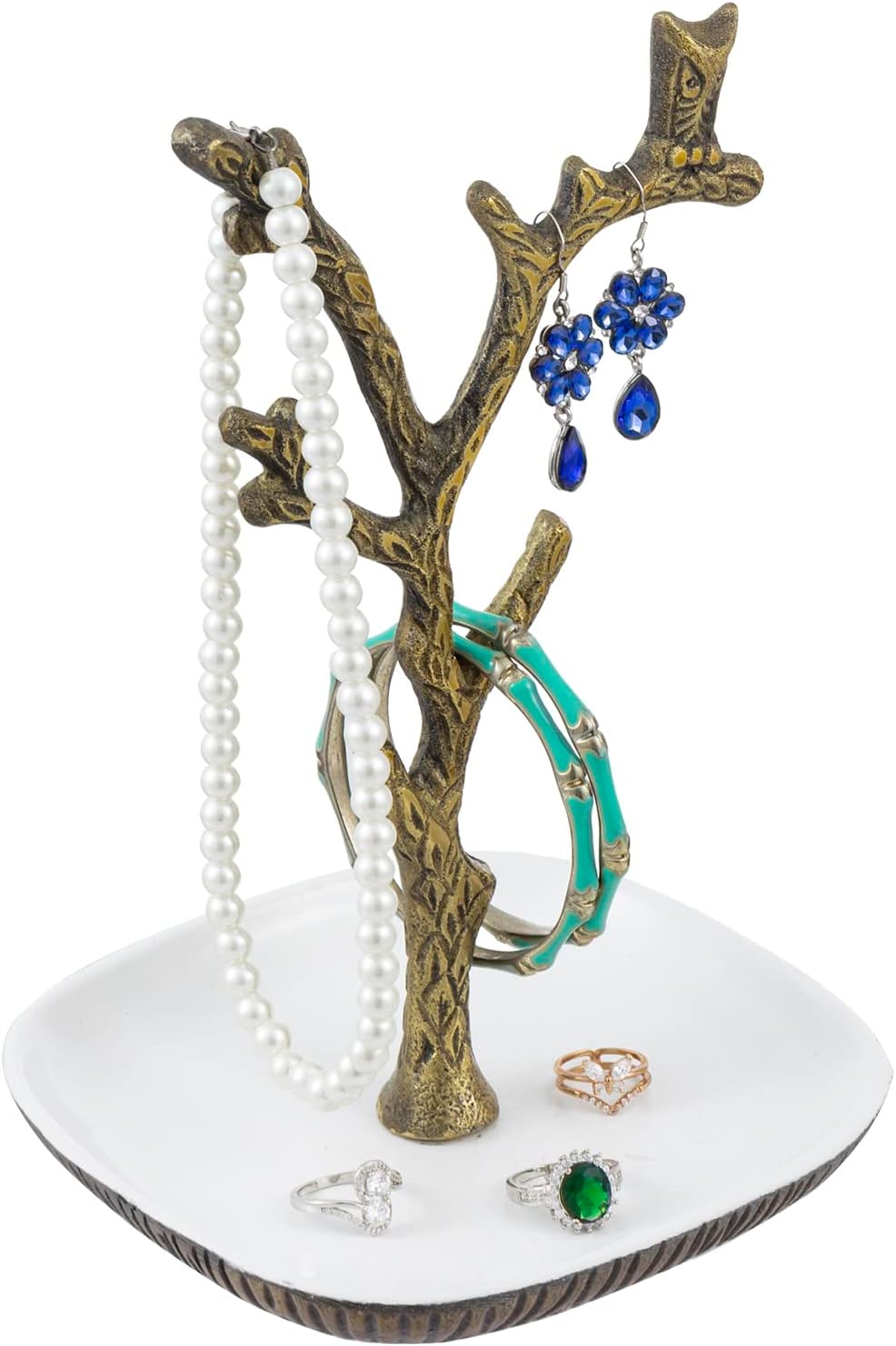 MyGift Tree Jewelry Stand, Deluxe Vintage Brass Tone Cast Aluminum Tree Branch and Owl Design Necklace Bracelet Earring Rack with Ring Dish - Handcrafted in India
