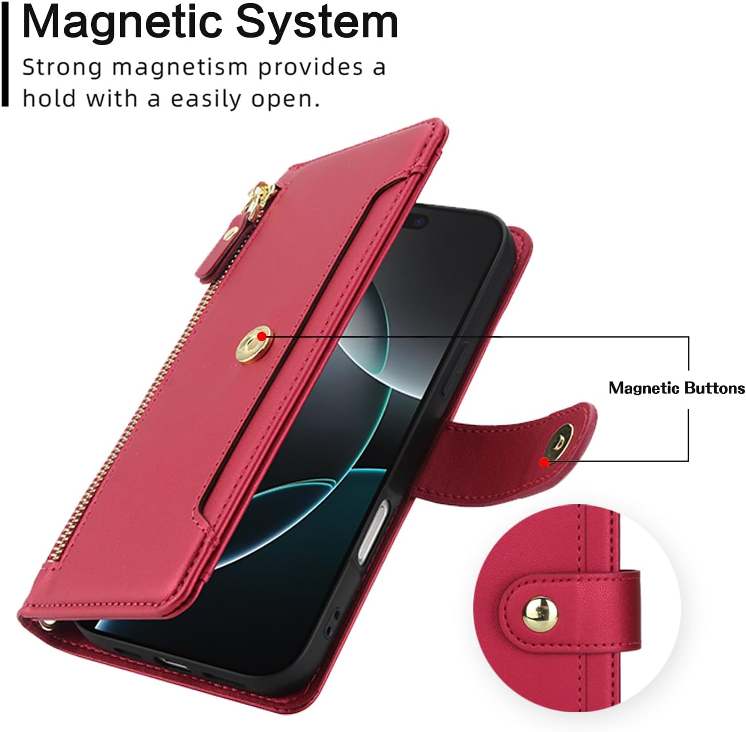 Asuwish Phone Case for iPhone 16 Pro Max 6.9 inch Zipper Wallet Cell Cover, with Tempered Glass Screen Protector and Crossbody Strap, Credit Card Holder i Phone16 16Pro i16 ProMax 16ProMax Women Red