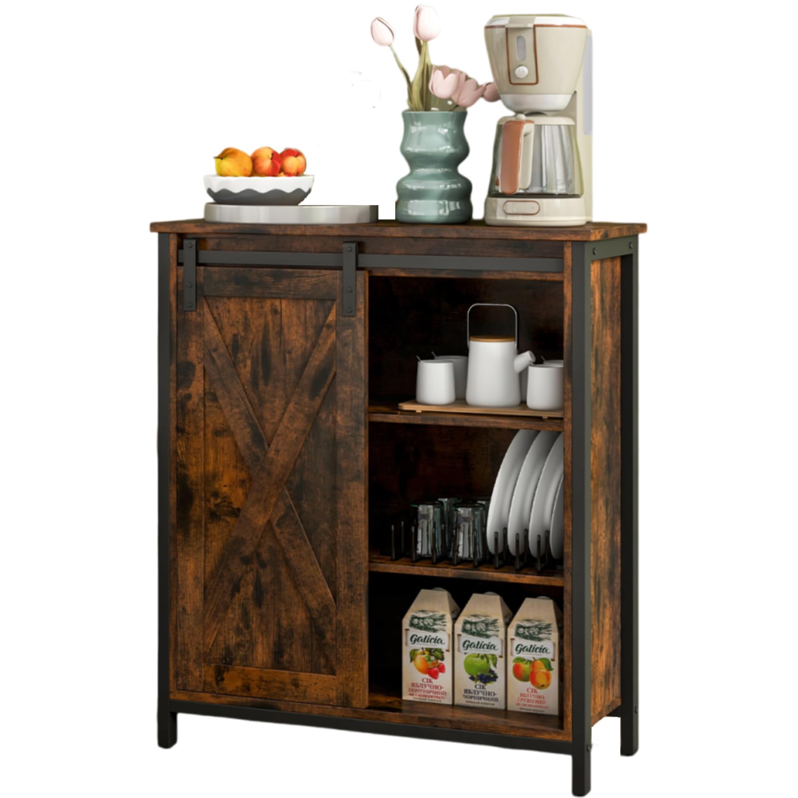 GiantexUK Buffet Sideboard, Wooden Kitchen Storage Cabinet with 3-position Adjustable Shelves, Sliding Barn Doors & Anti-toppling Device, Industrial Display Cupboard Organizer Unit for Living Room