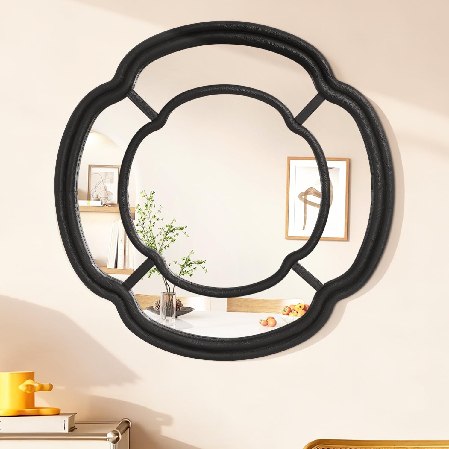 Lzuso Black Wall Mounted Mirror, Irregular Circle Hanging Mirror Wooden Wavy Framed Round Decorative Mirrors for Hallway Entryway Vanity Decor 50x50 cm Mirrors