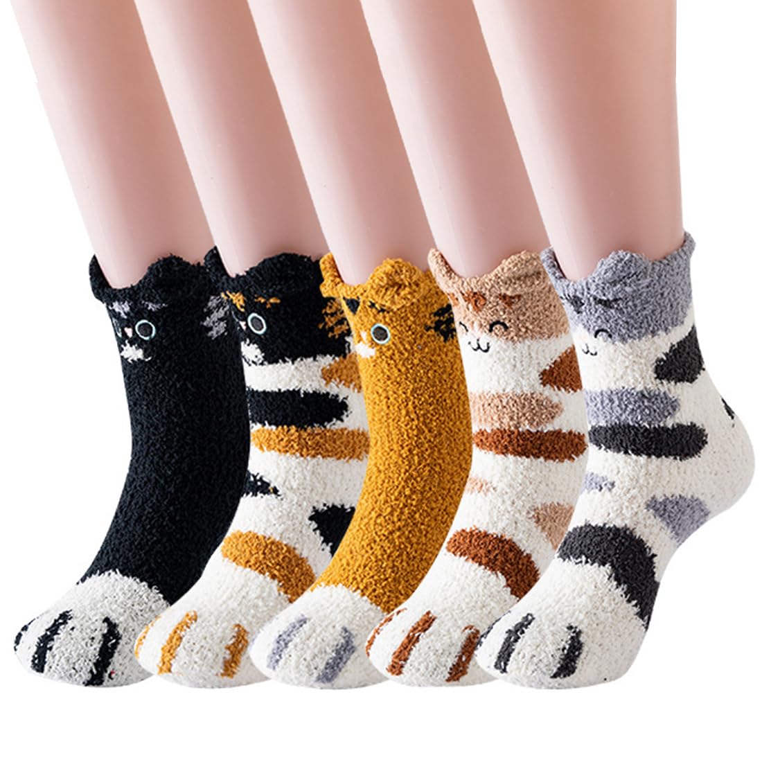 VEGCOO 6 Paia Calzini Soffici In Pile Corallo Donna Con Orecchie Da Animaletto - Regalo Invernale