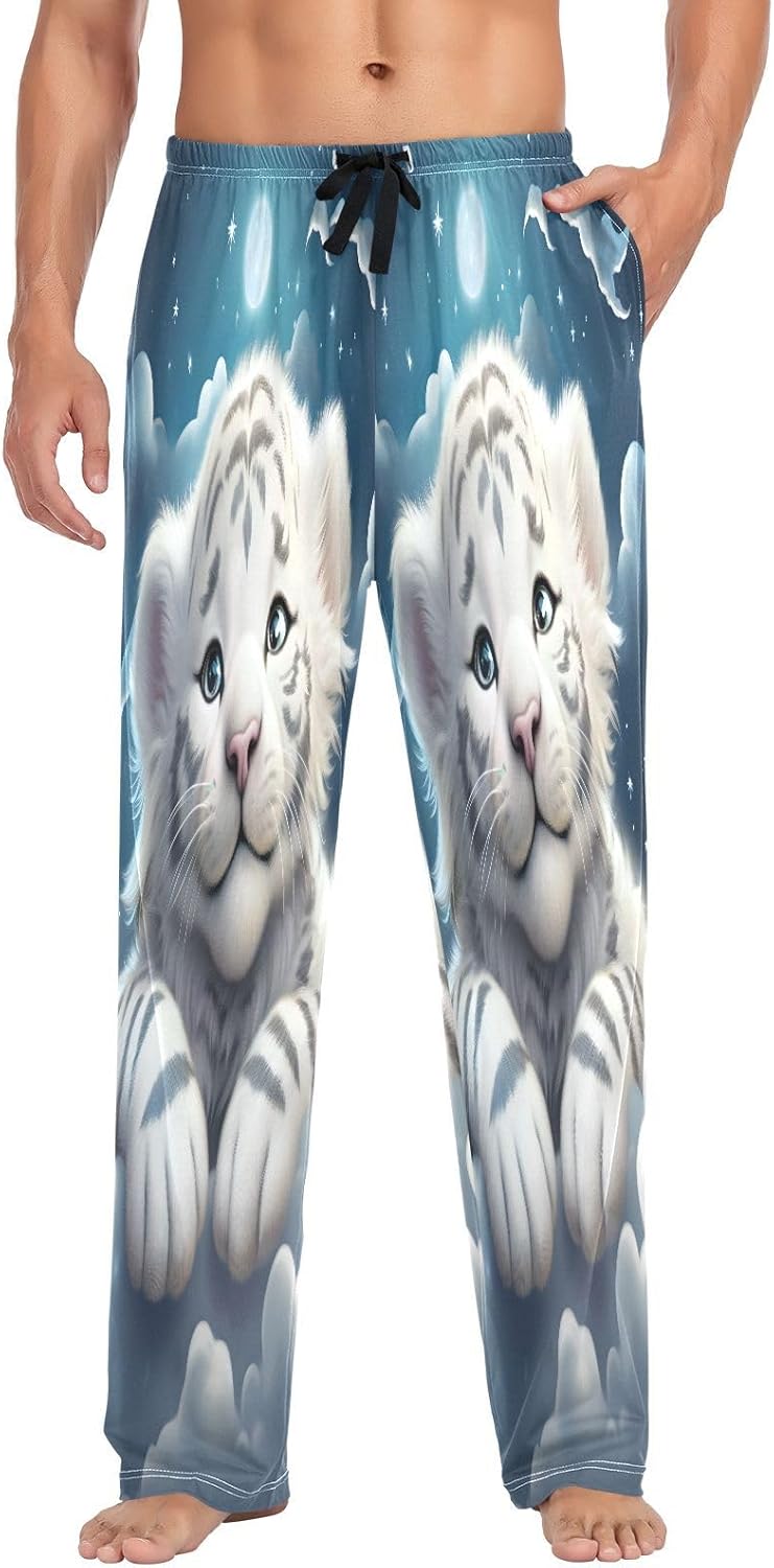 ALAZA Cute White Tiger Starry Men's Pajama Pants Men Cotton Pajama Bottoms with Pockets, S