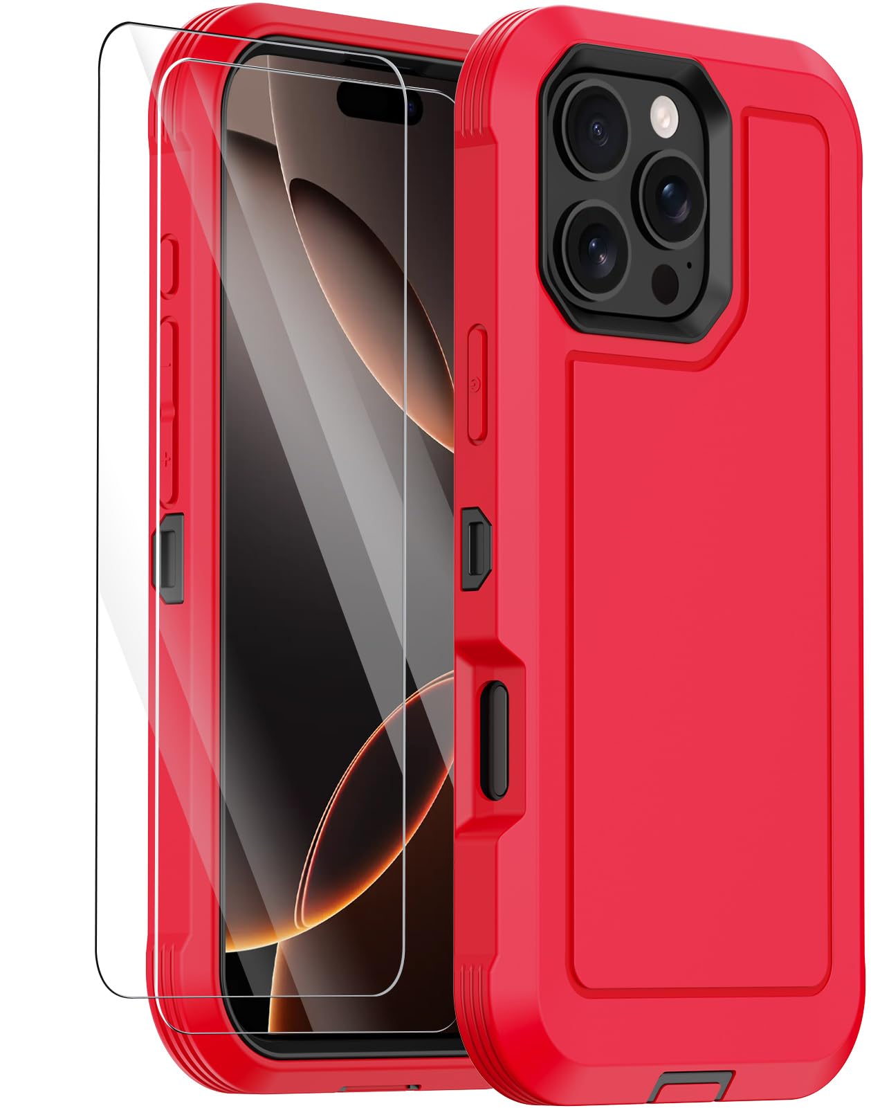 Annymall for iPhone 16 Pro Max Case with 2 Screen Protector,Shockproof Drop Protection Dust Proof Heavy Duty Military Grade Multi-Layer Rugged Protective Phone Case Cover (Red)