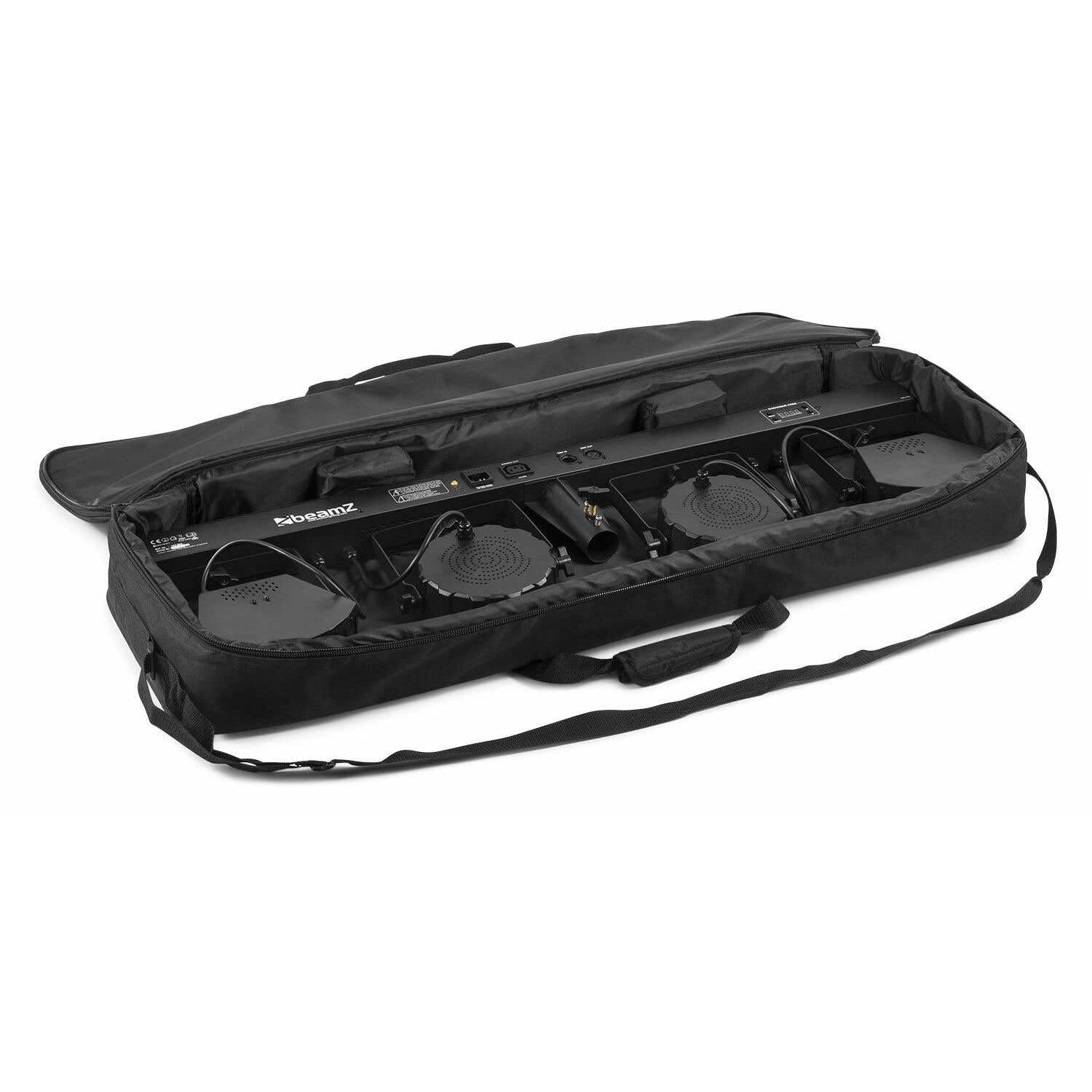 BeamZ Showbar FREE - Partybar Lichtanlage LED Bar DMX Disco Licht Party Lichter Discolicht Partylicht mit 2x PAR-Spots, 2x Derby-Lichteffekten und LED Strobo mit Fernbedienung und Tasche