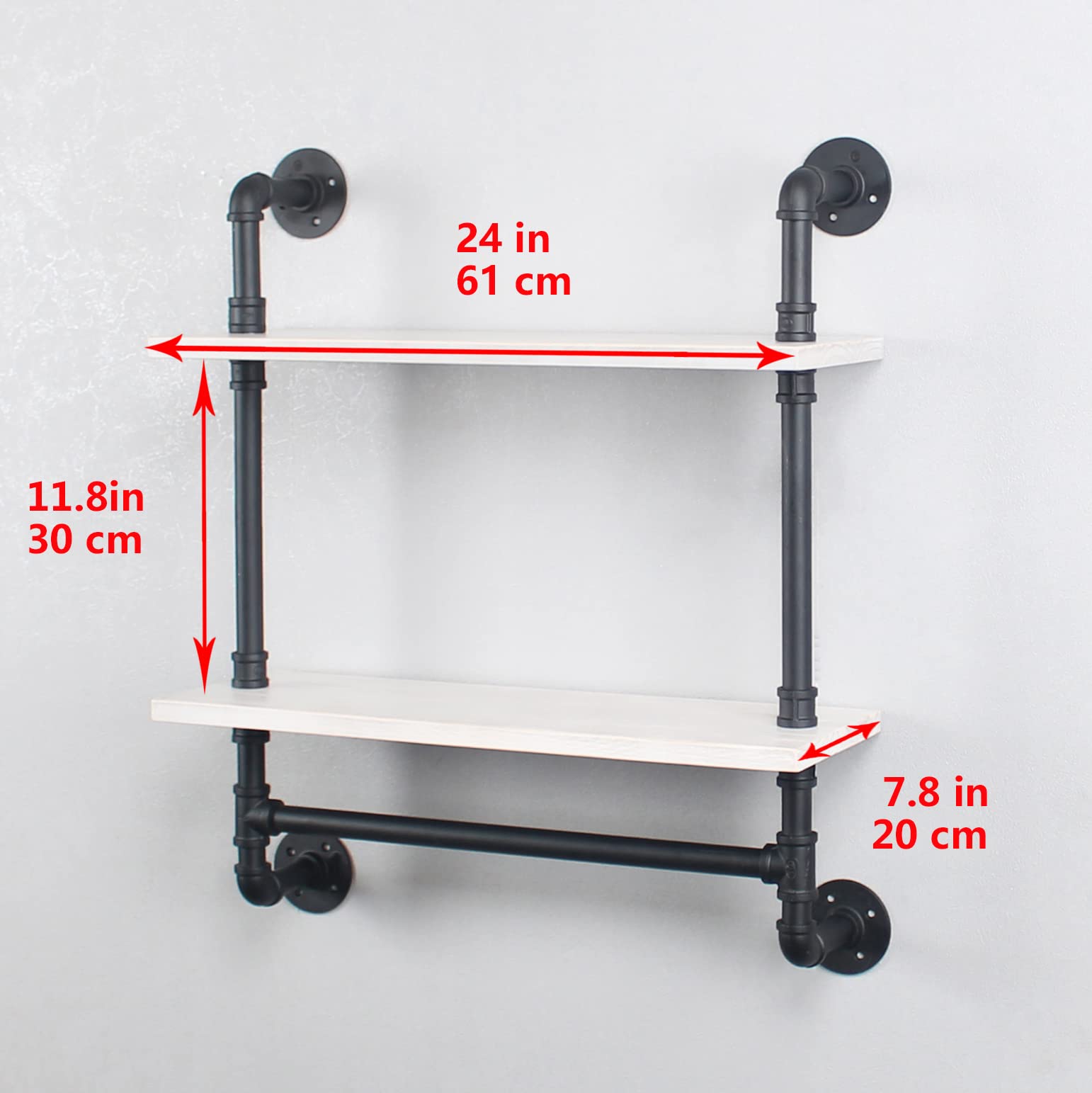 Mensole da bagno industriali a parete a 2 livelli, mensola in legno da 61 cm con barra per asciugamani, portasciugamani rustico, mensole galleggianti in metallo, mensola in ferro invecchiato sopra il