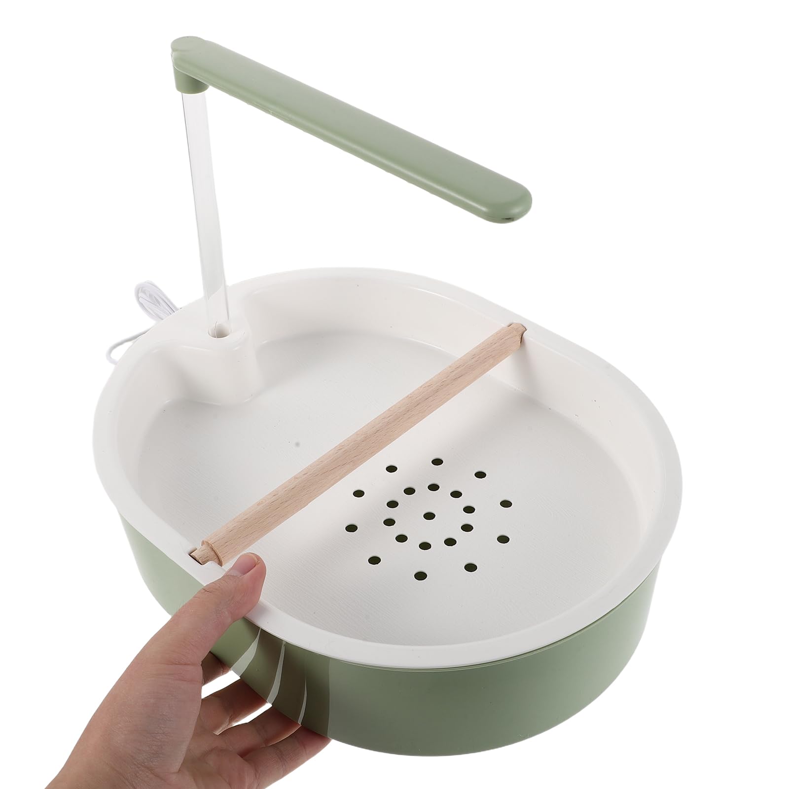 Baño de Ducha para Pájaros Automático con Bomba Ajustable, Bañera Interior de Plástico Azul Grisáceo con Tubo Transparente de 20 Cm y Perchero de Madera de Haya, Accesorio