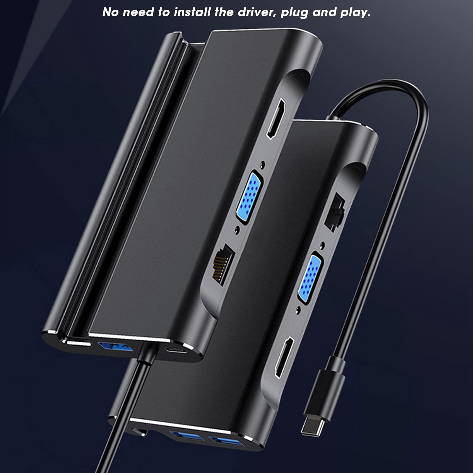 7-portowy Hub USB 3.0, 7-calowy 1 Stacja Dokująca Hub USB Typu C, Adapter Koncentratora USB, Interfejs Multimedialny HD/VGA/USB X 3 / PD, Obsługa 60W Mocy ładowania, Plug And Play