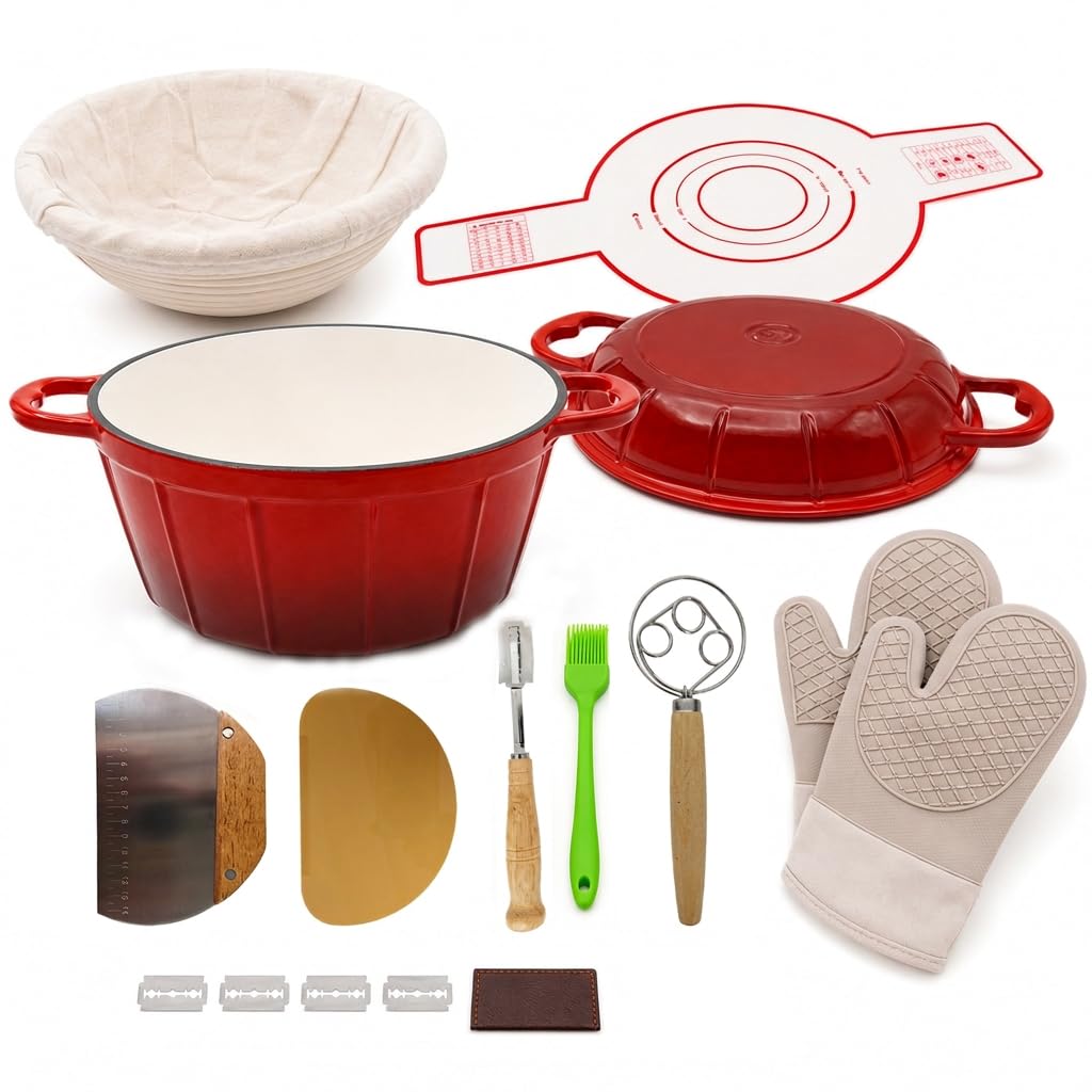 Juego de olla de hierro fundido esmaltado y masa madre, horno holandés rojo de 5 litros + tapa de sartén 2 en 1, herramientas completas para hornear, apto para horno/gas/inducción, fácil de limpiar y
