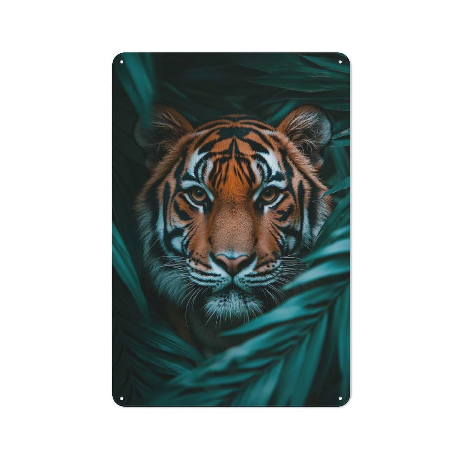 Tin Sign 30x20cm with Tiger Peeking Through Lush Greenery for Garage Wall, Retro-style Decor, for Room Styling Across Garages And Workshops