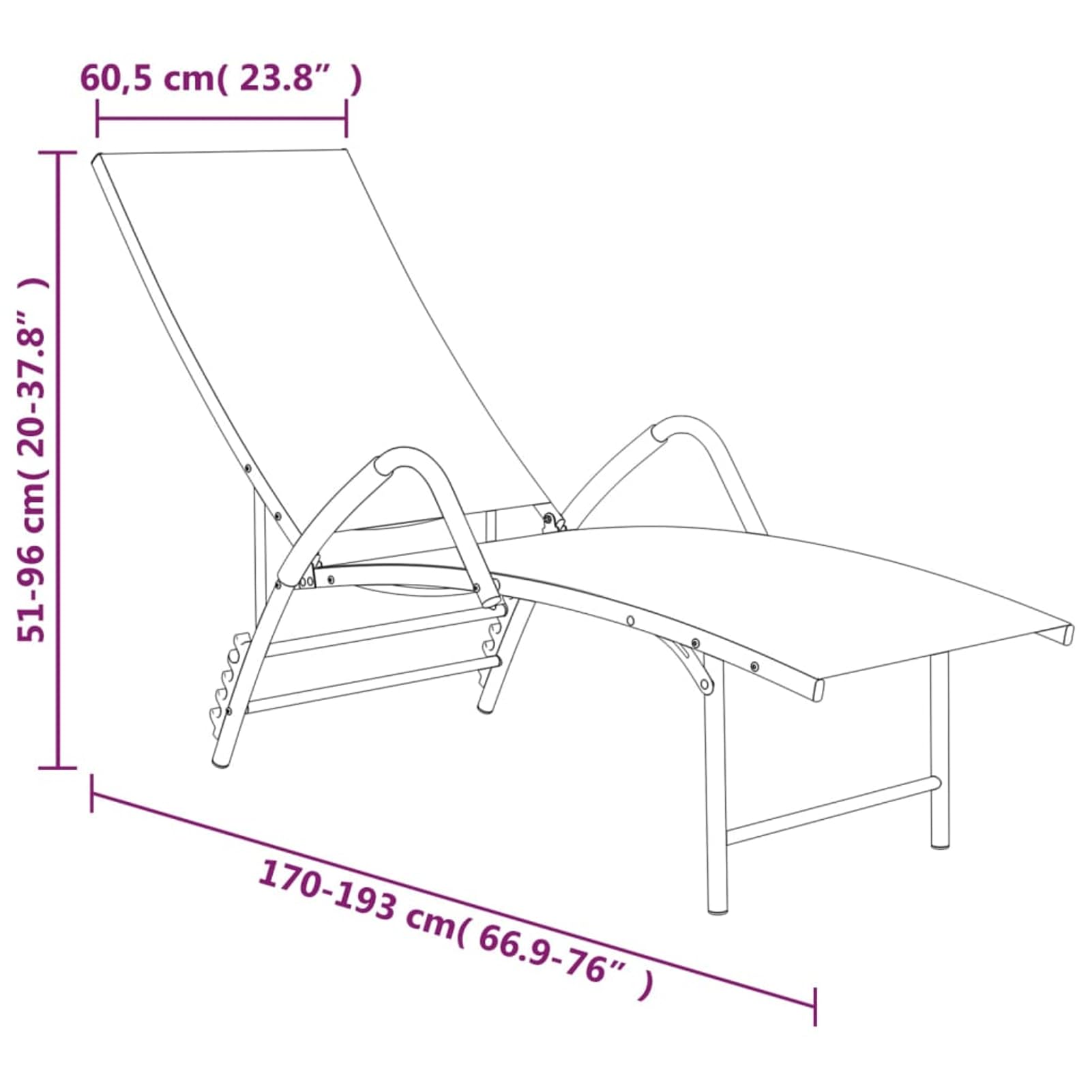 Lettino prendisole textilene in alluminio nero, regolabile, 170-193 x 60,5 x 51-96 cm, regolabile in altezza per alzarsi facilmente, ideale per giardino, terrazza e piscina
